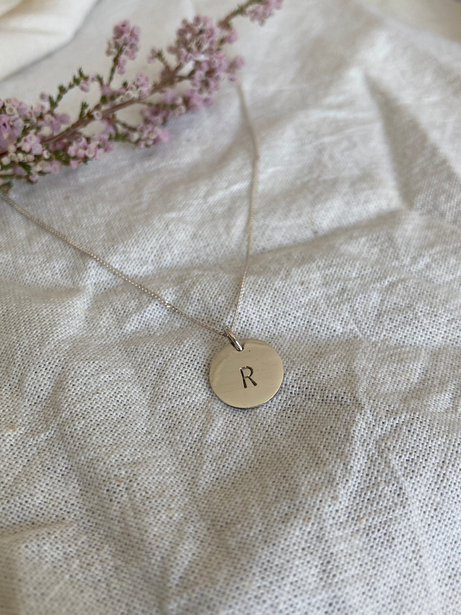 Sterling Silver 11mm Initial Disc Pendant on Sterling Silver Chain