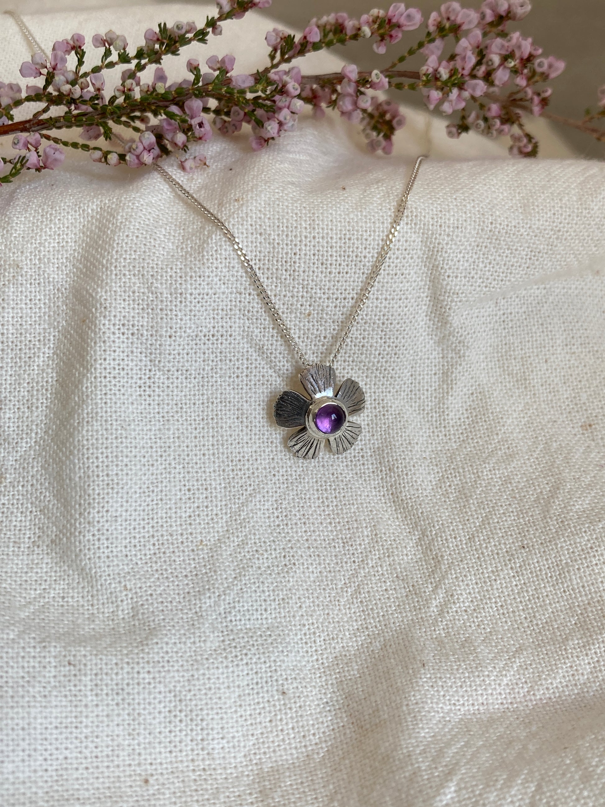 Sterling Silver Flower Pendant with Amethyst Stone