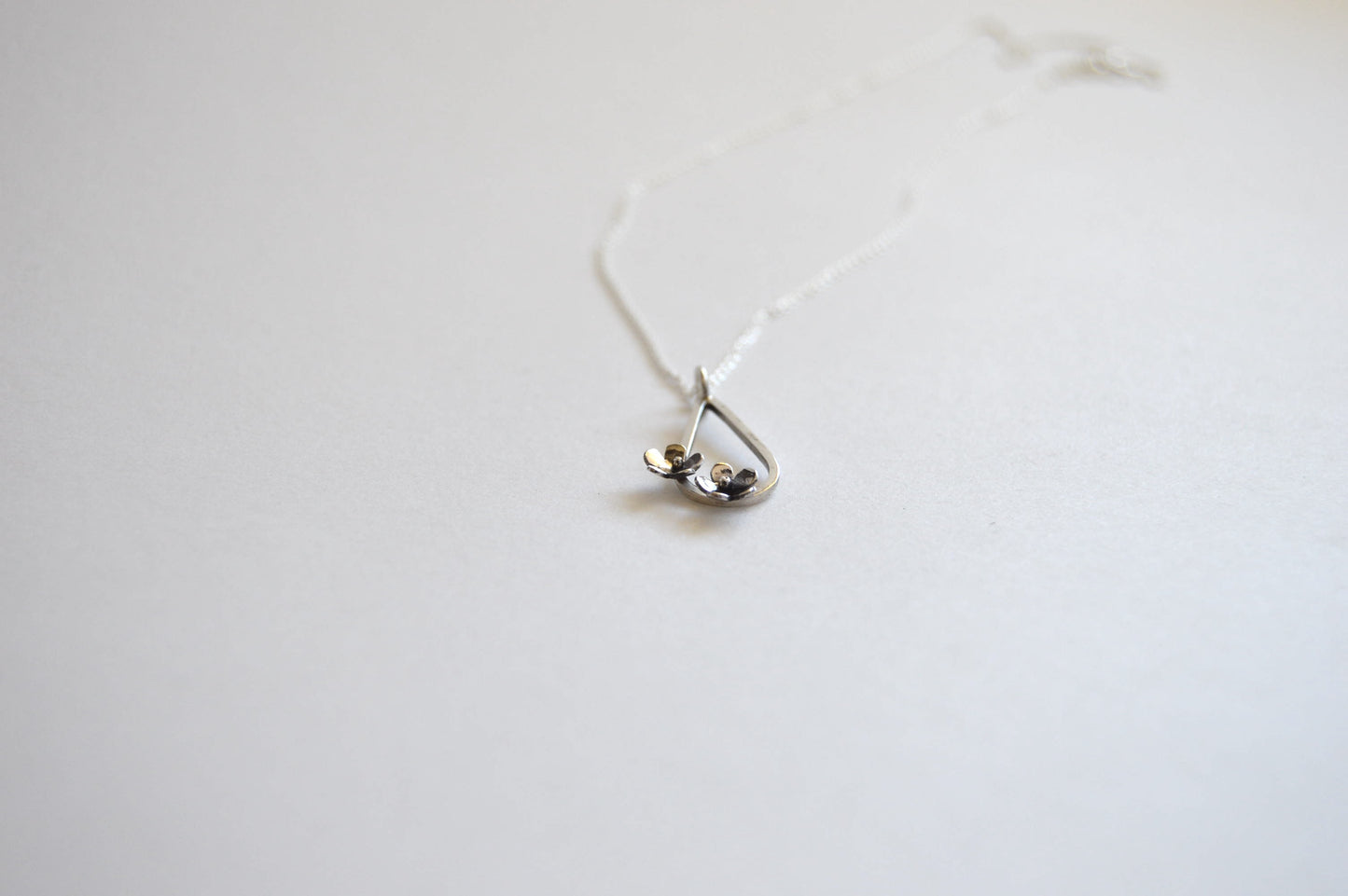 Sterling Silver Teardrop with two small flowers in Bloom Pendant on Sterling Silver Chain