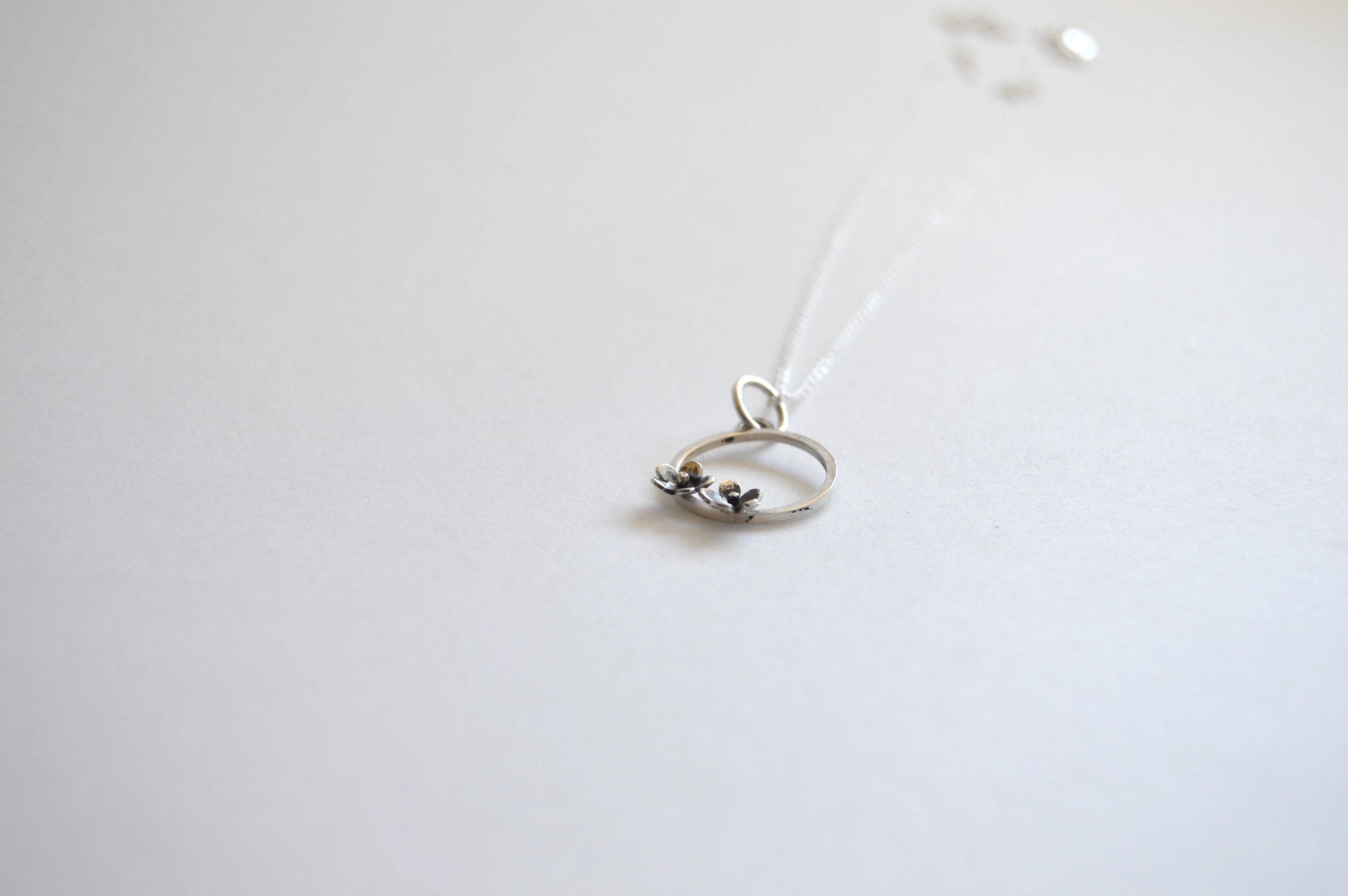Sterling Silver Circle with two small Blooming Flowers Pendant on Silver Chain