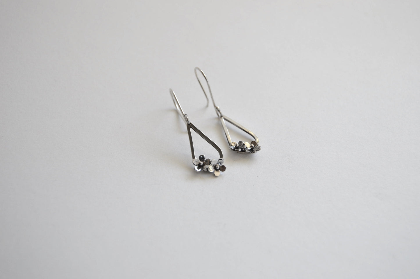 Sterling Silver Teardrop with two small flowers in Bloom Hook Earrings