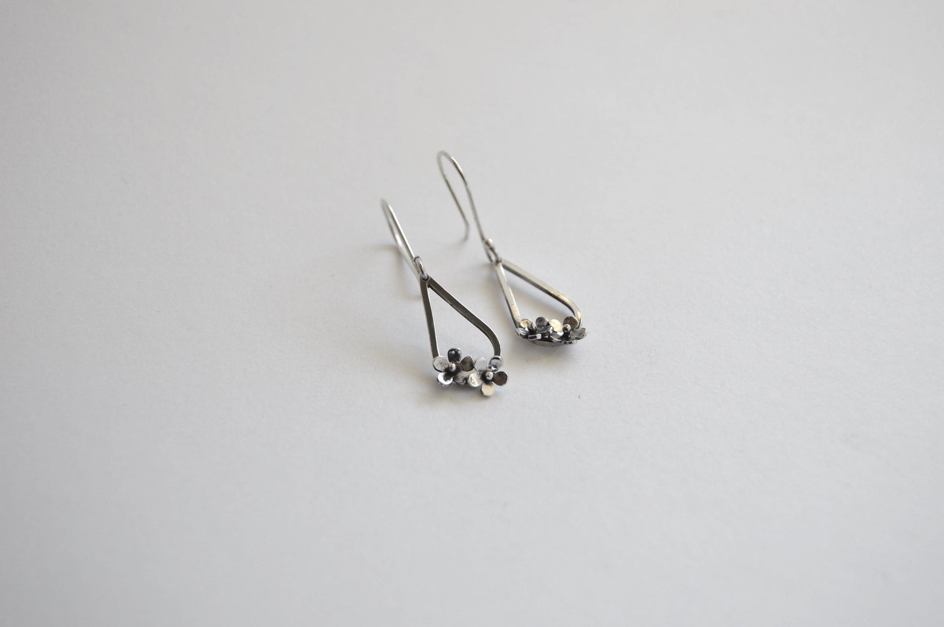 Sterling Silver Teardrop with two small flowers in Bloom Hook Earrings