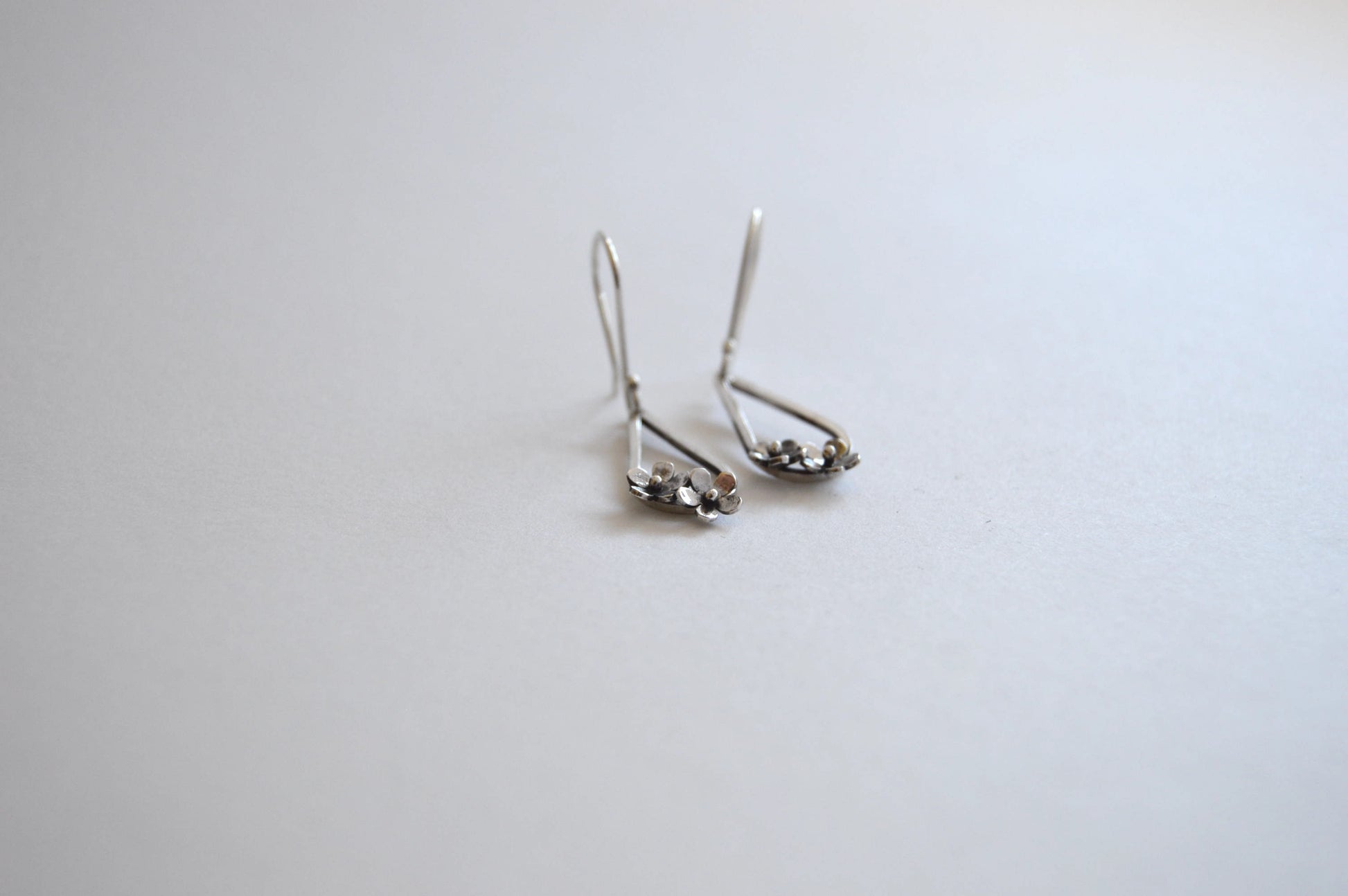 Sterling Silver Teardrop with two small flowers in Bloom Hook Earrings