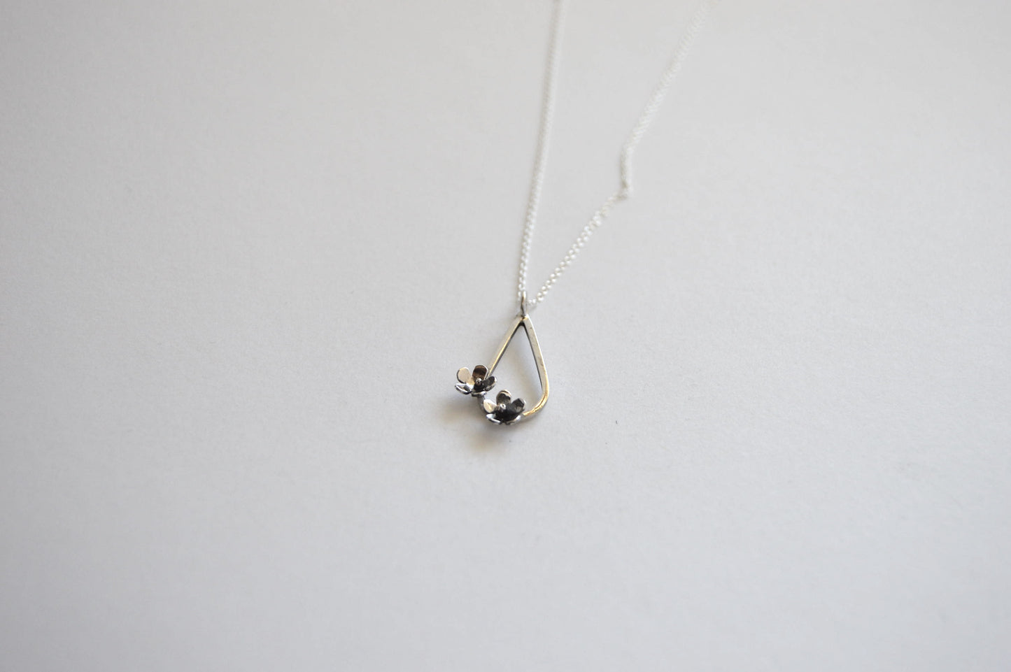Sterling Silver Teardrop with two small flowers in Bloom Pendant on Sterling Silver Chain