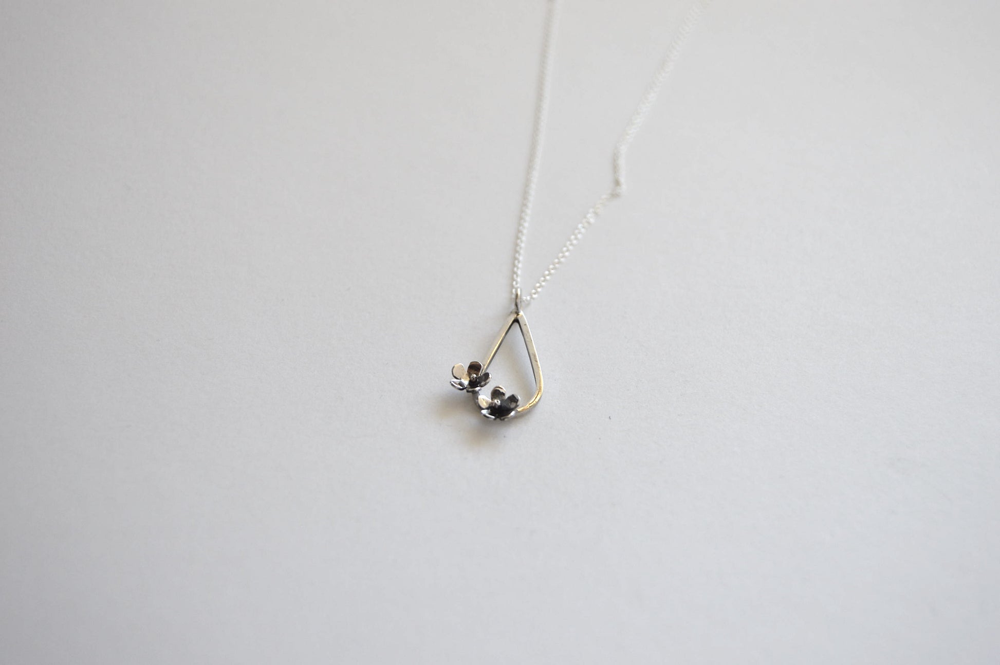 Sterling Silver Teardrop with two small flowers in Bloom Pendant on Sterling Silver Chain