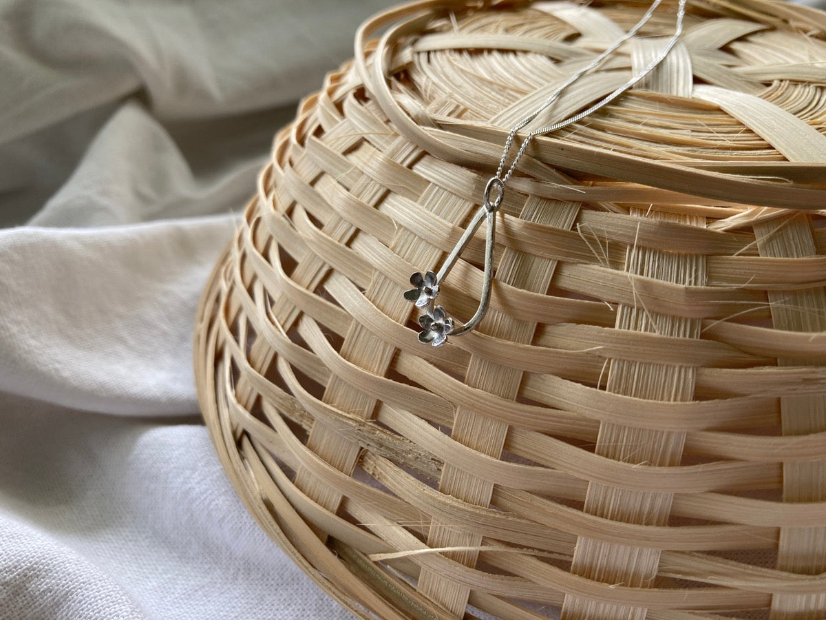 Sterling Silver Teardrop with two small flowers in Bloom Pendant on Sterling Silver Chain