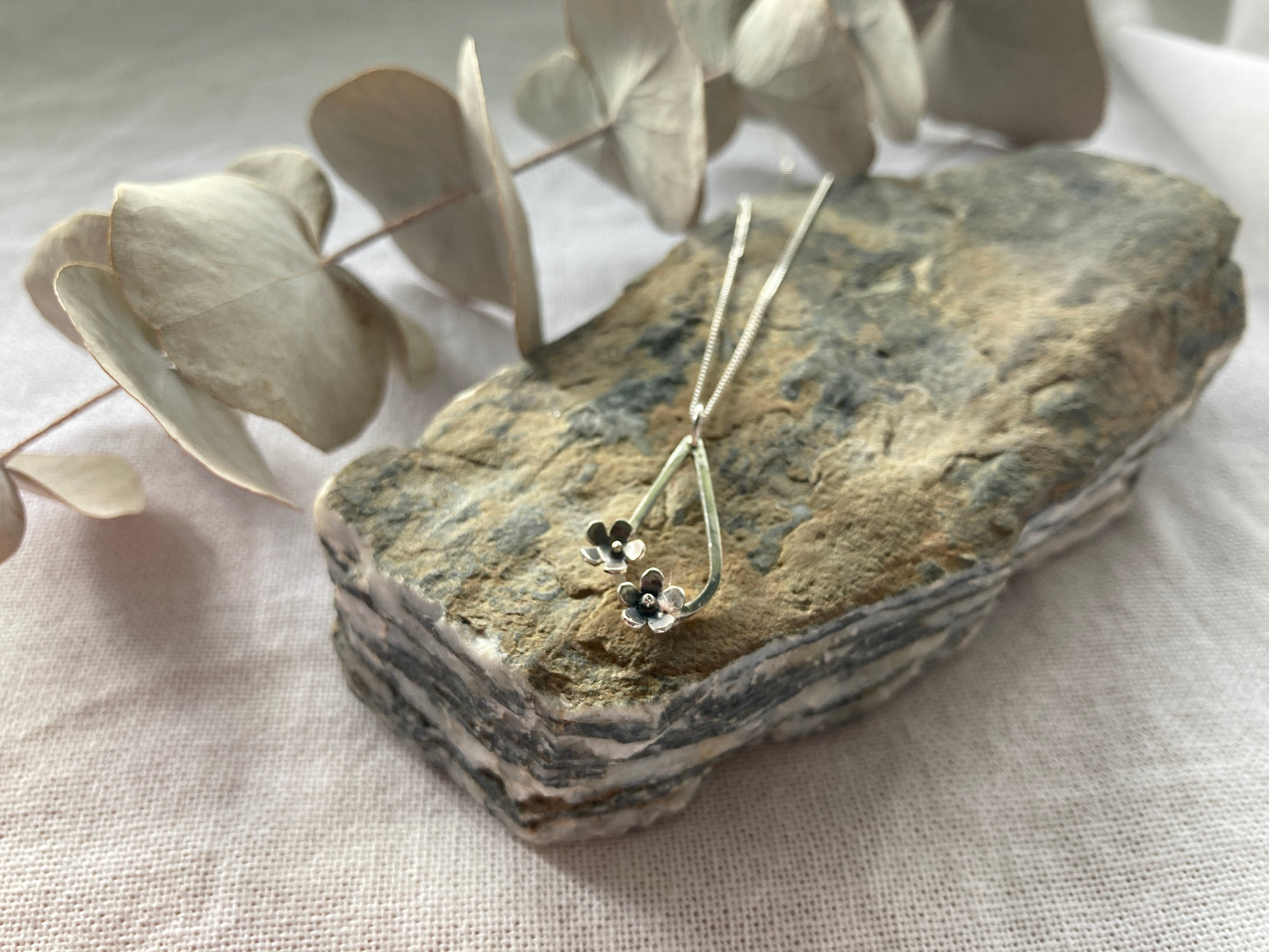 Sterling Silver Teardrop with two small flowers in Bloom Pendant on Sterling Silver Chain