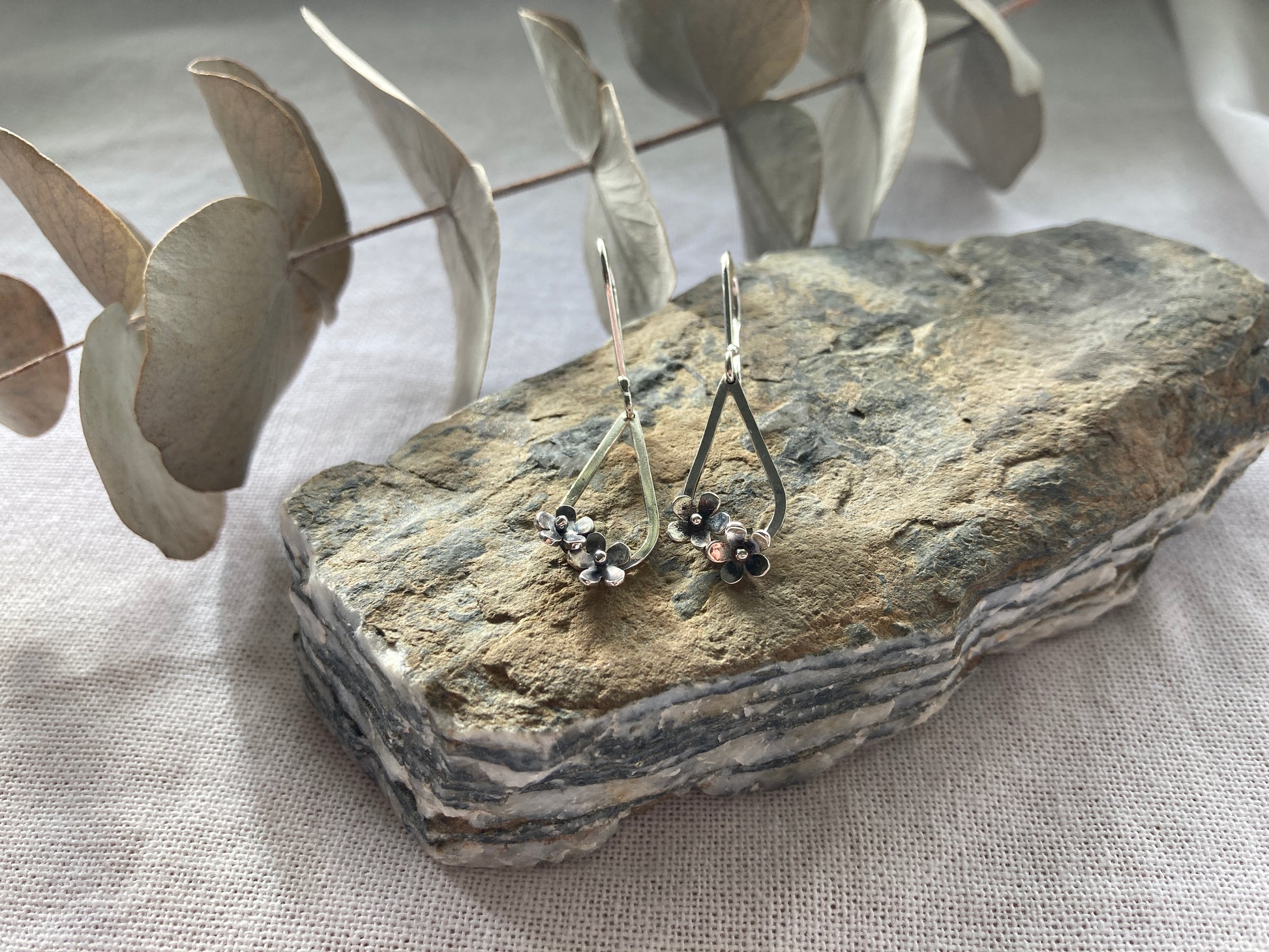 Sterling Silver Teardrop with two small flowers in Bloom Hook Earrings