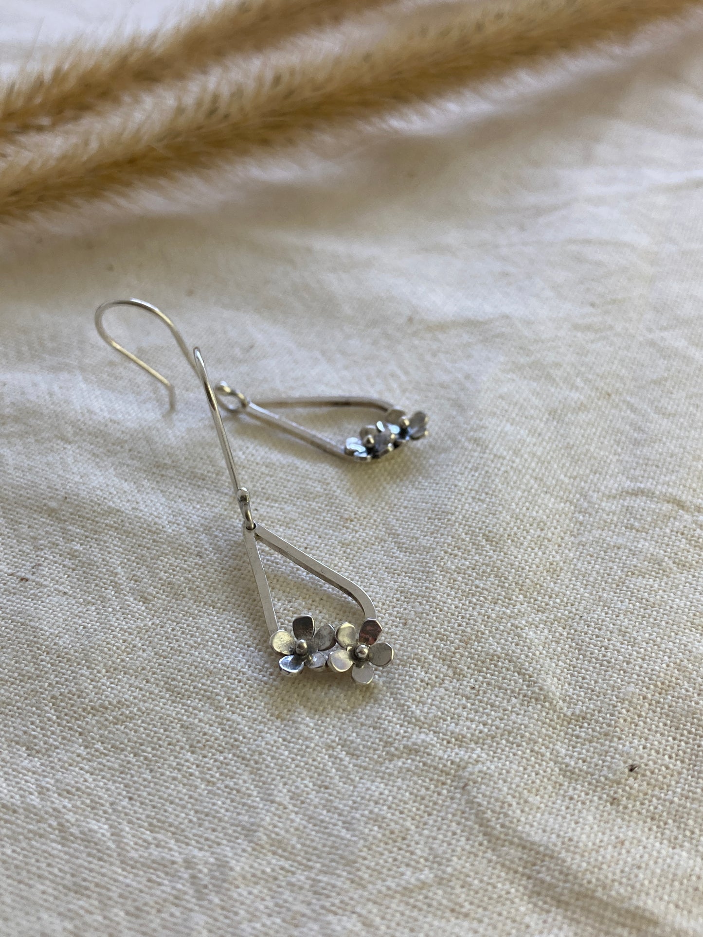 Sterling Silver Teardrop with two small flowers in Bloom Hook Earrings