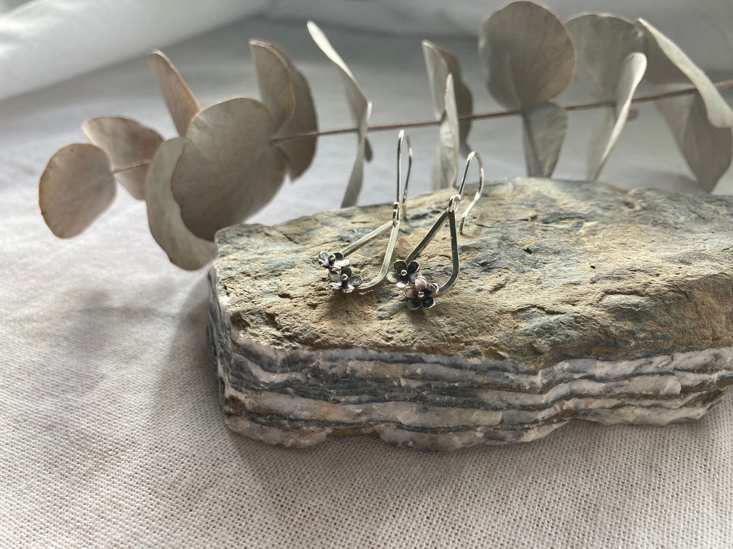 Sterling Silver Teardrop with two small flowers in Bloom Hook Earrings