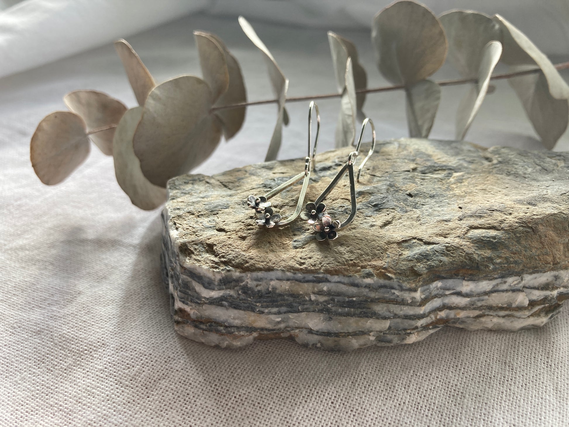 Sterling Silver Teardrop with two small flowers in Bloom Hook Earrings