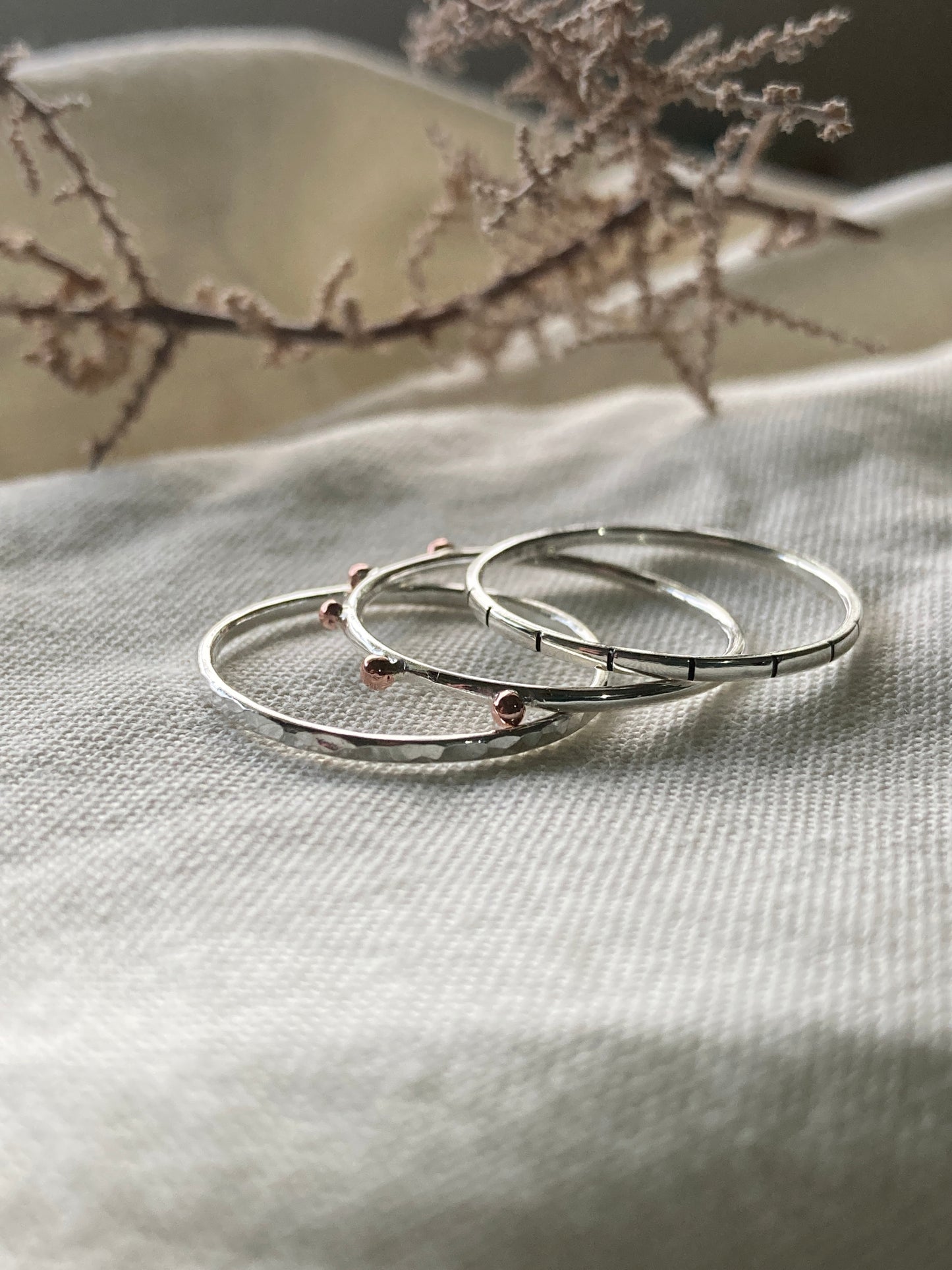 Sterling Silver Stacking Ring Set - Bobble Ring, Dainty Striped Ring, Dainty Hammered Ring