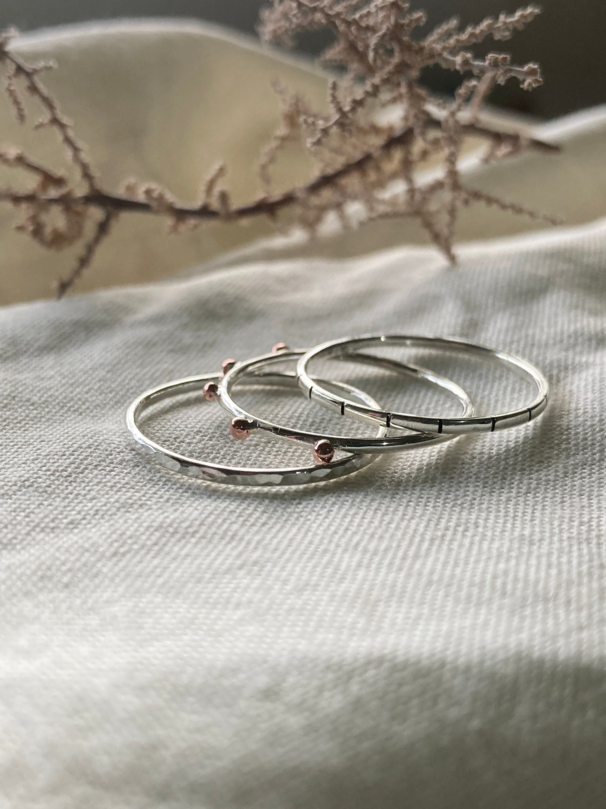 Sterling Silver Stacking Ring Set - Bobble Ring, Dainty Striped Ring, Dainty Hammered Ring