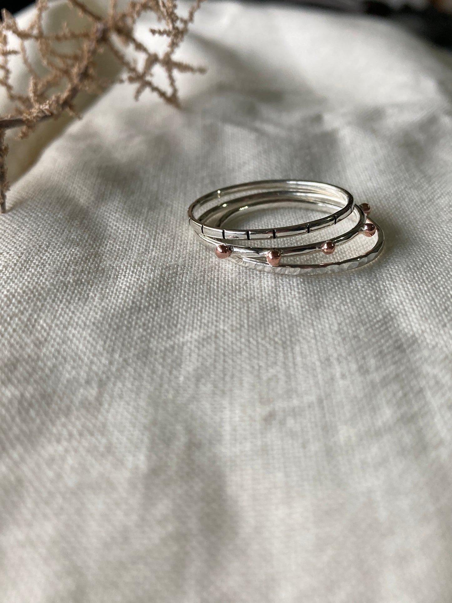 Sterling Silver Stacking Ring Set - Bobble Ring, Dainty Striped Ring, Dainty Hammered Ring