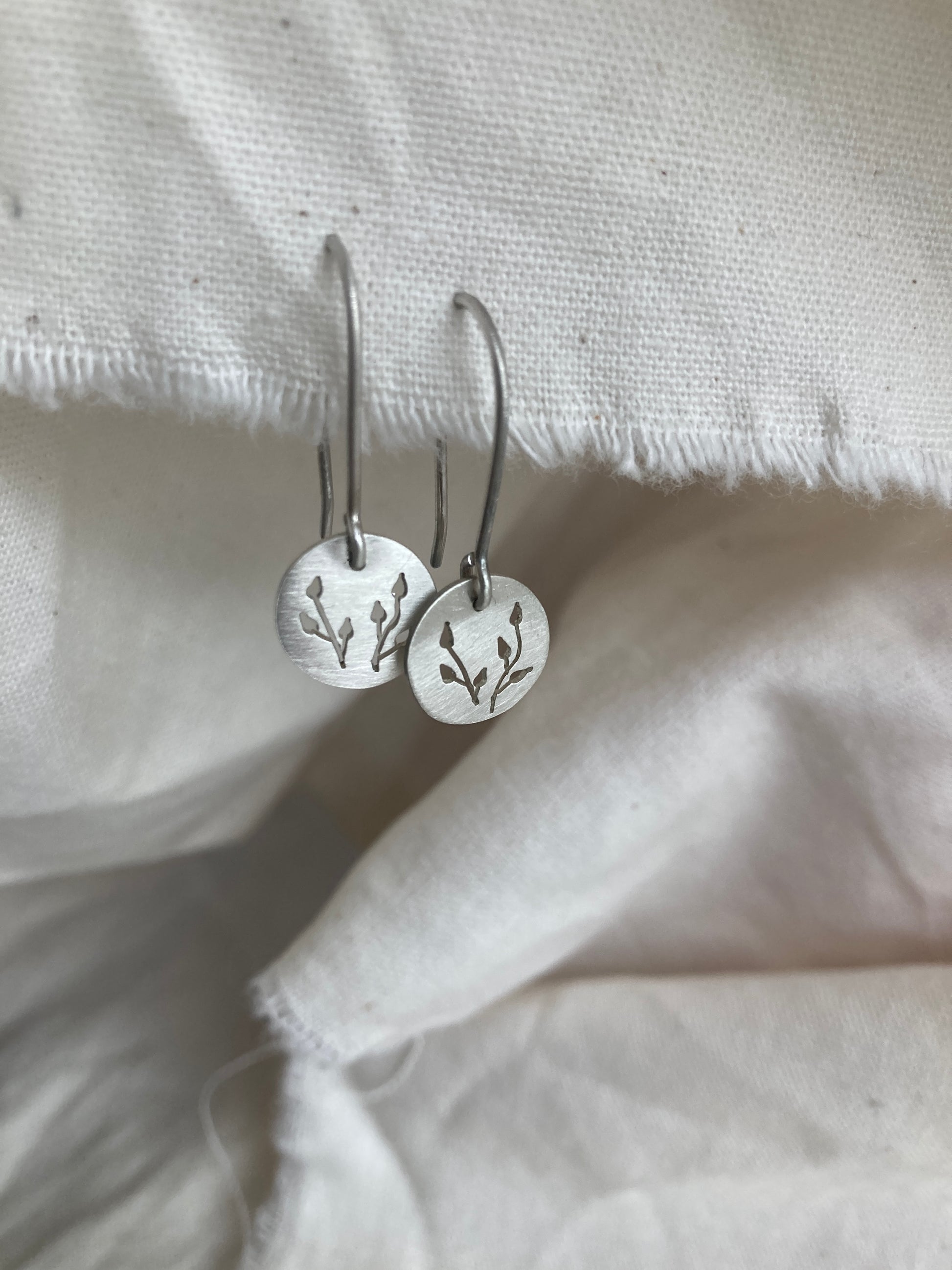 Sterling Silver Discs with Botanical cut-out on Silver Hooks