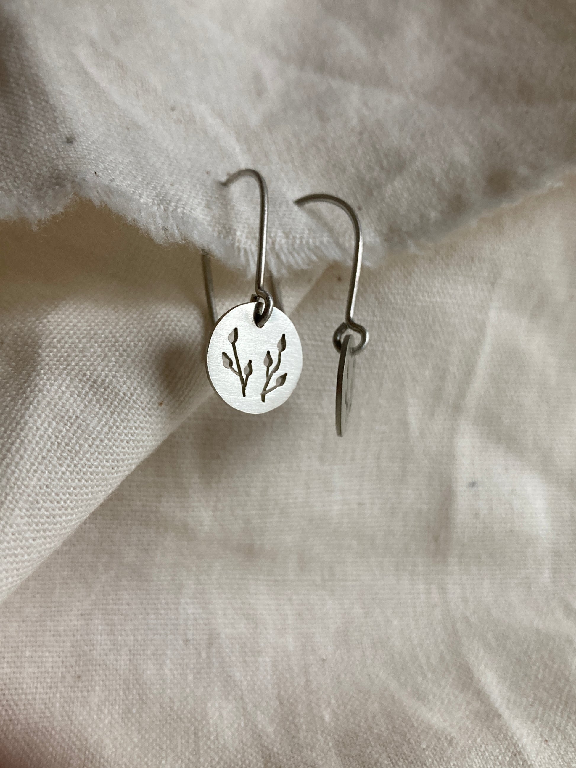 Sterling Silver Discs with Botanical cut-out on Silver Hooks