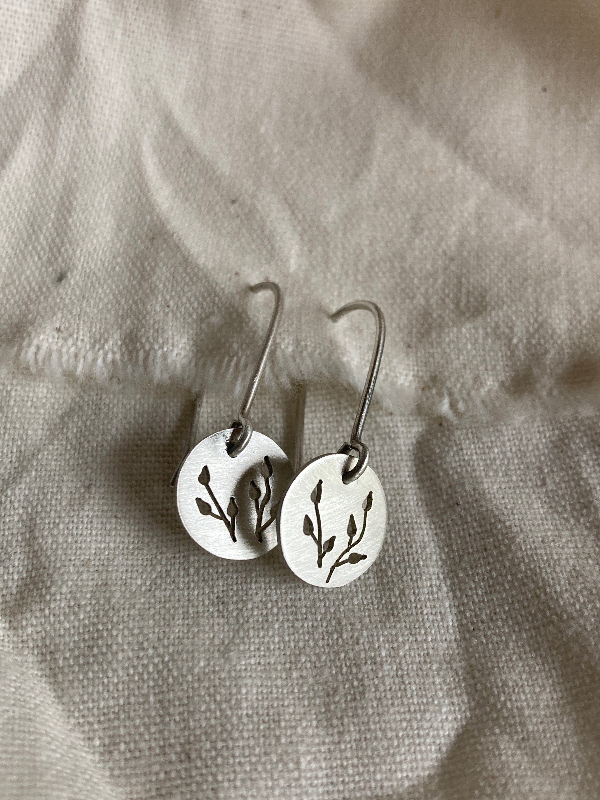 Sterling Silver Discs with Botanical cut-out on Silver Hooks
