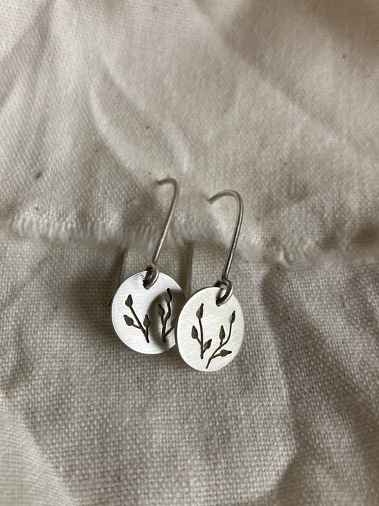 Sterling Silver Discs with Botanical cut-out on Silver Hooks
