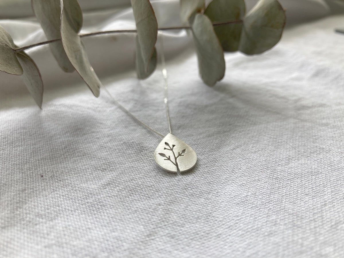 Sterling Silver Teardrop Pendant with Botanical cut out design