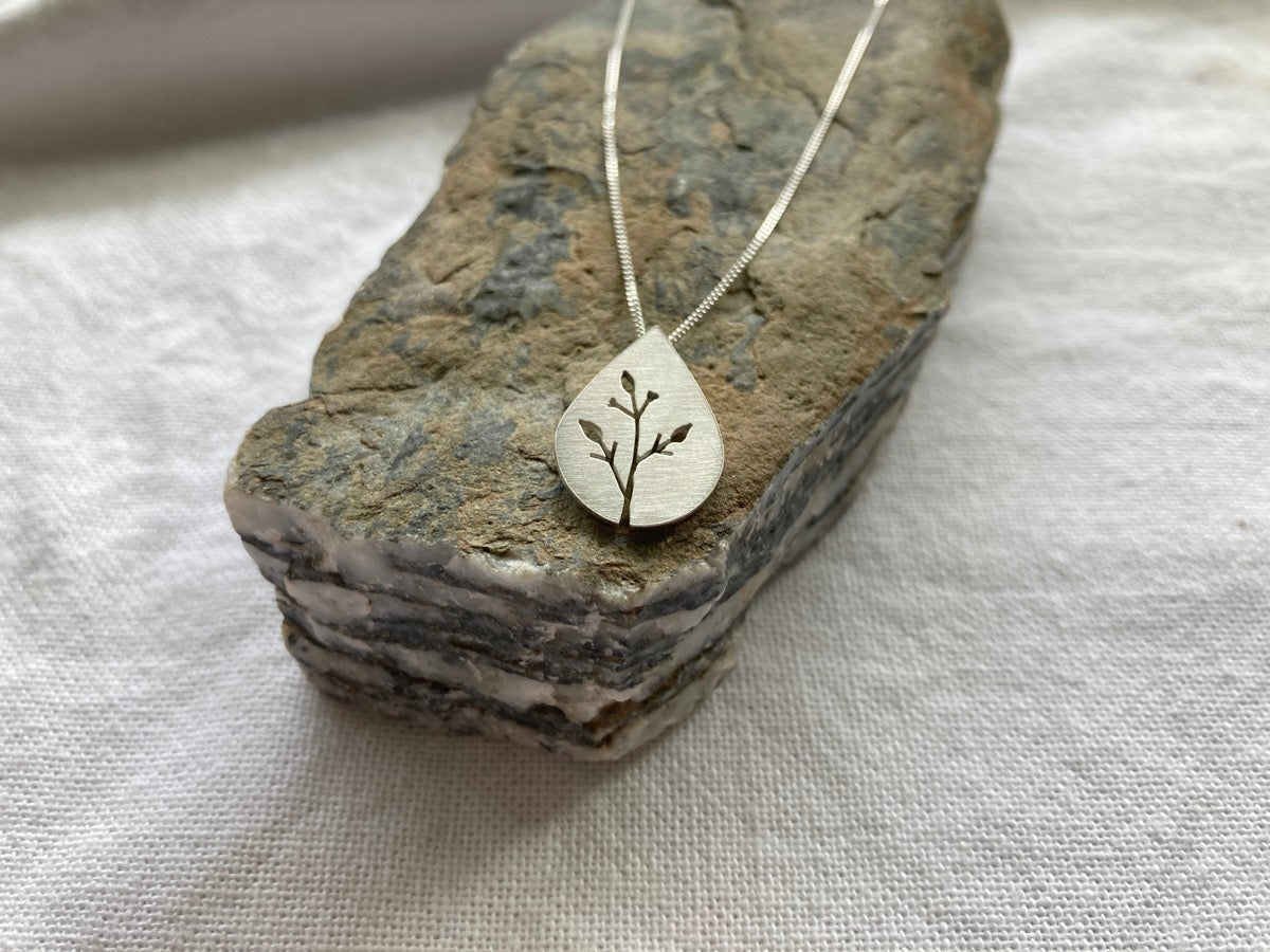 Sterling Silver Teardrop Pendant with Botanical cut out design