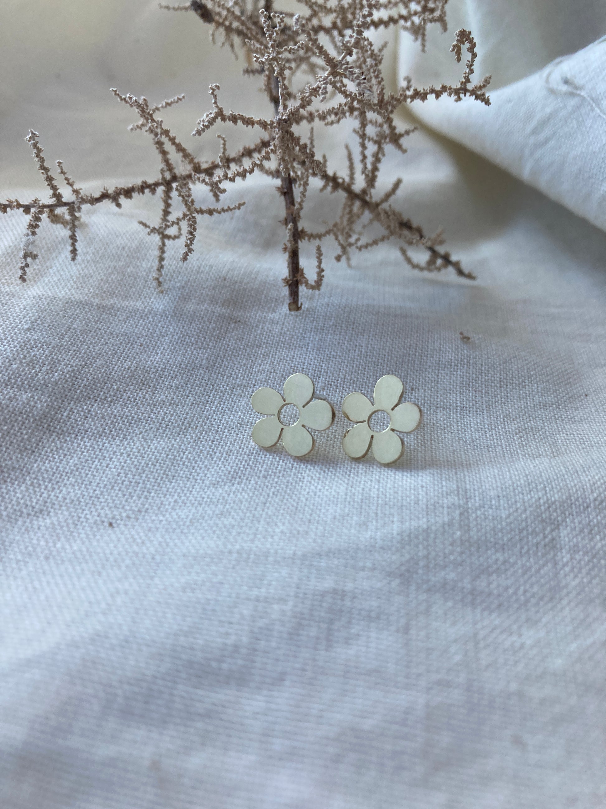 Brass Daisy Earrings with Sterling Silver Posts