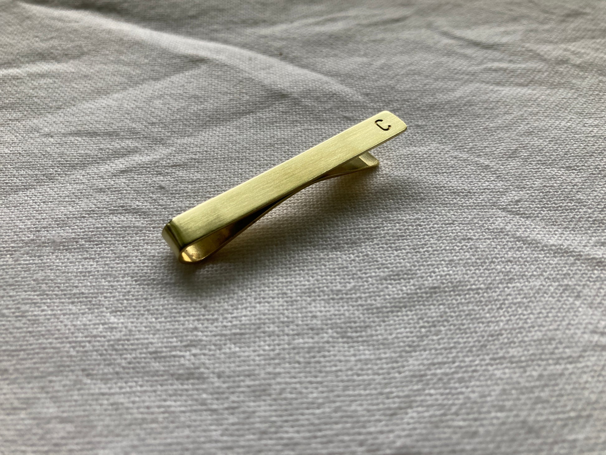 Brass Tie Clip with hand stamped Initial on front