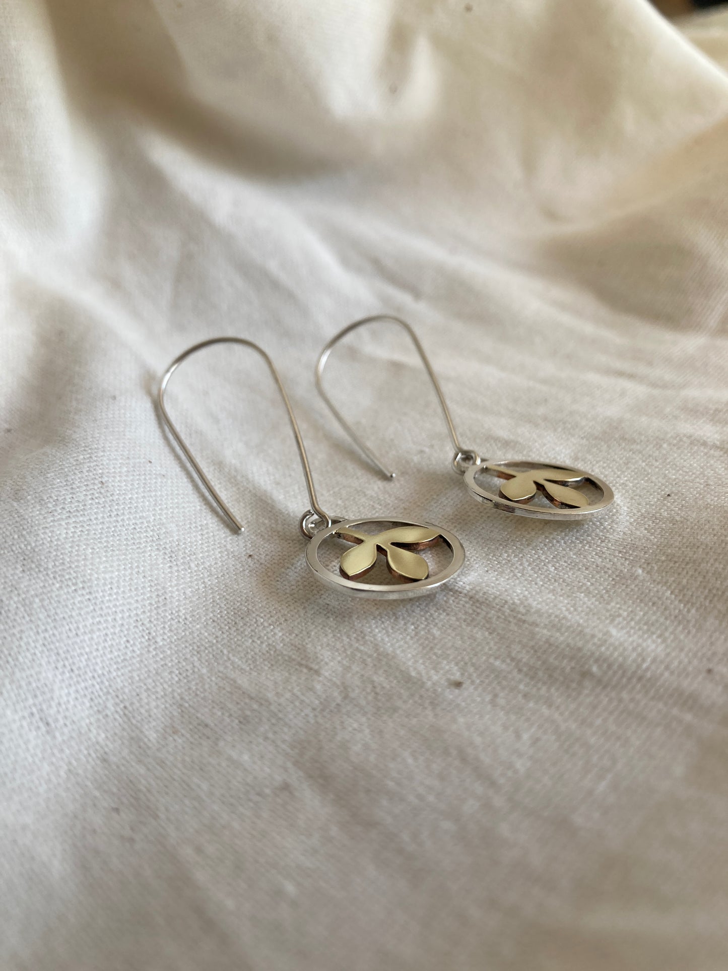 Sterling Silver Circle With Brass Leaves Hook Earrings