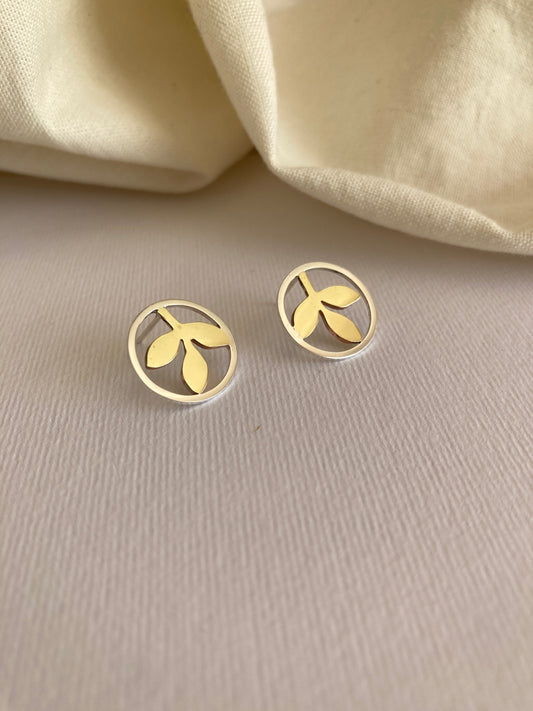 Sterling Silver Circle With Brass Leaves Stud Earrings