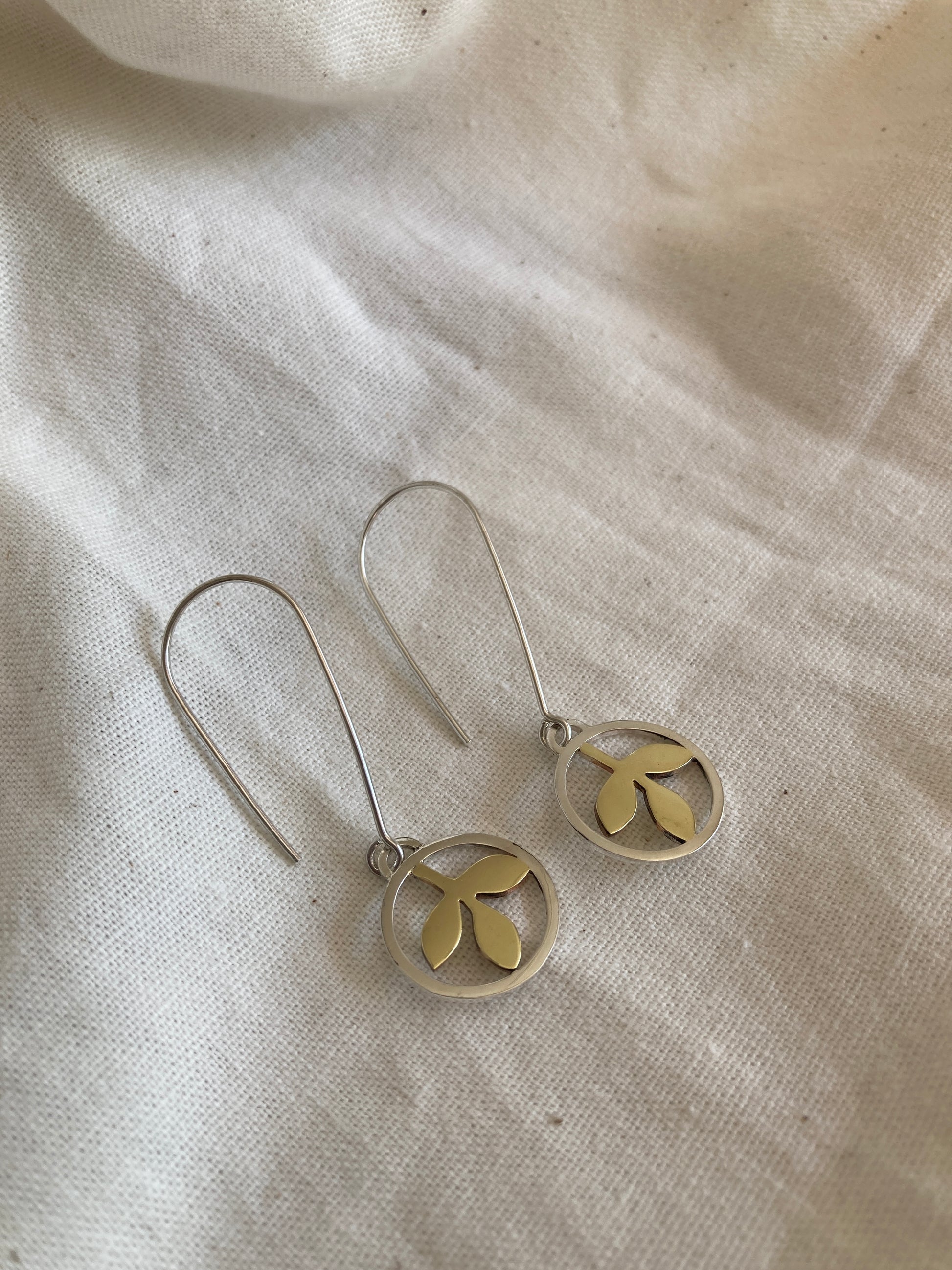 Sterling Silver Circle With Brass Leaves Hook Earrings