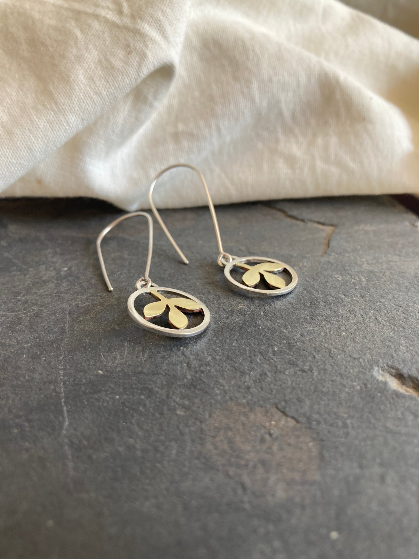 Sterling Silver Circle With Brass Leaves Hook Earrings