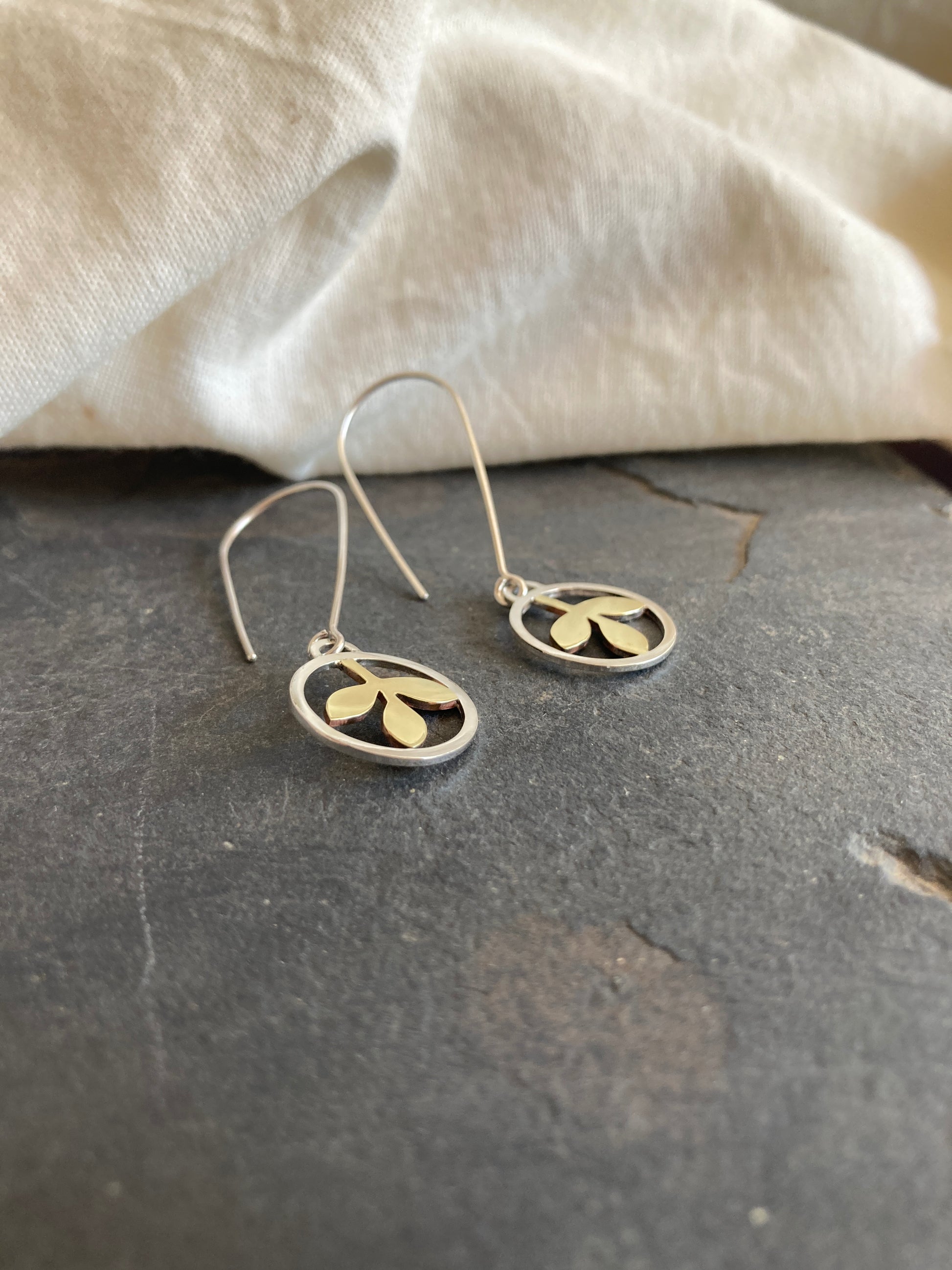 Sterling Silver Circle With Brass Leaves Hook Earrings