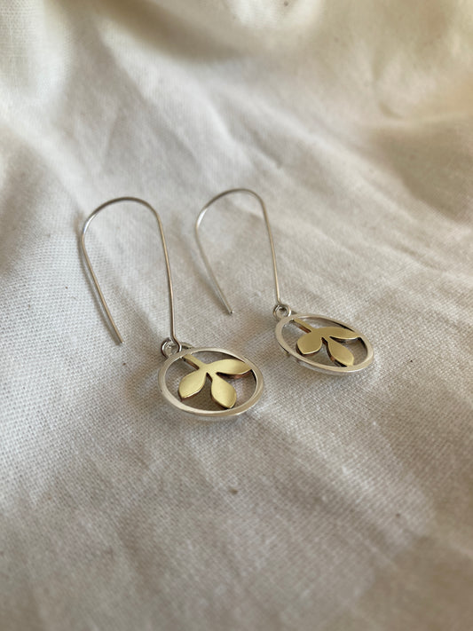Sterling Silver Circle With Brass Leaves Hook Earrings