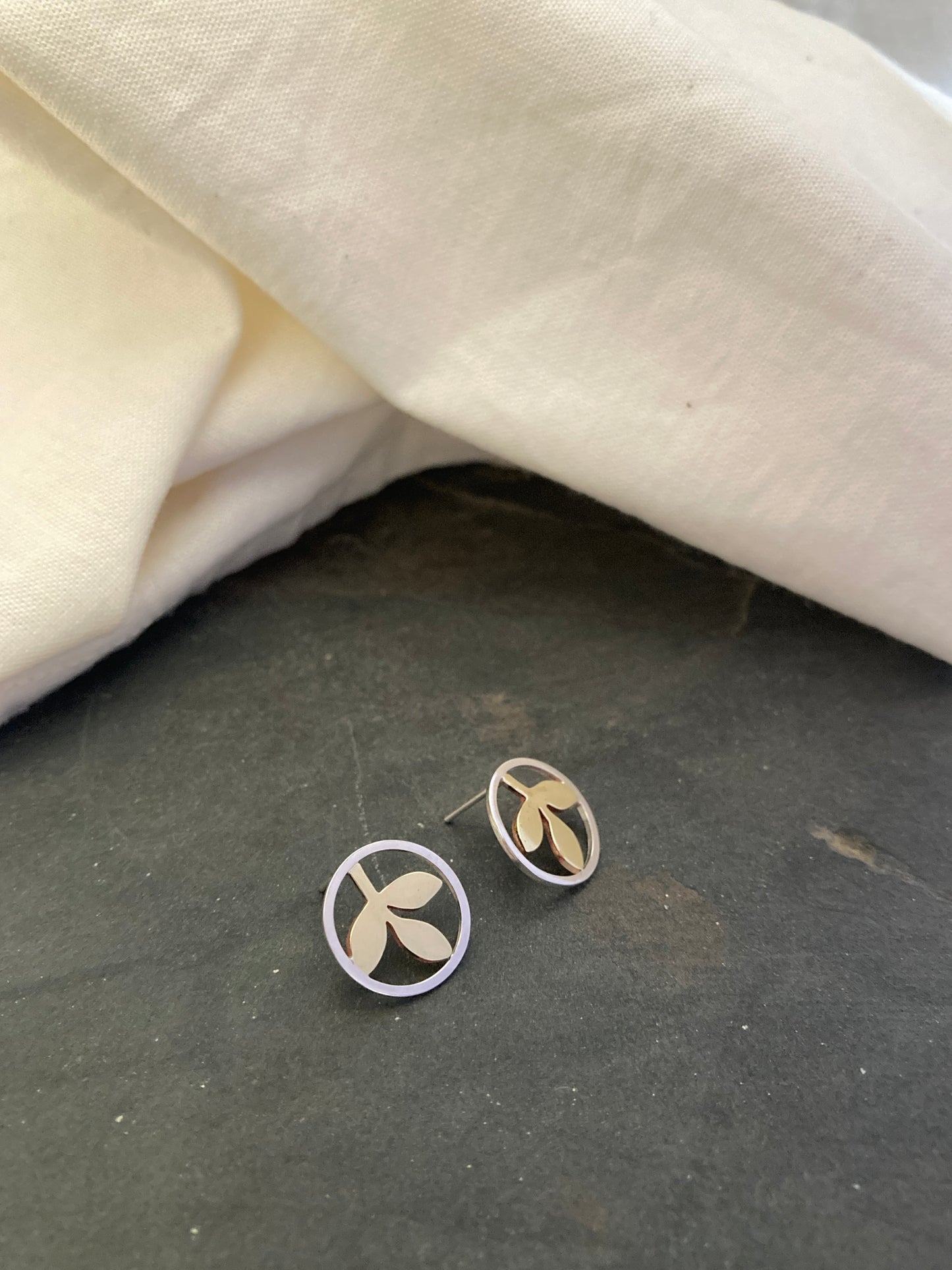 Sterling Silver Circle With Brass Leaves Stud Earrings