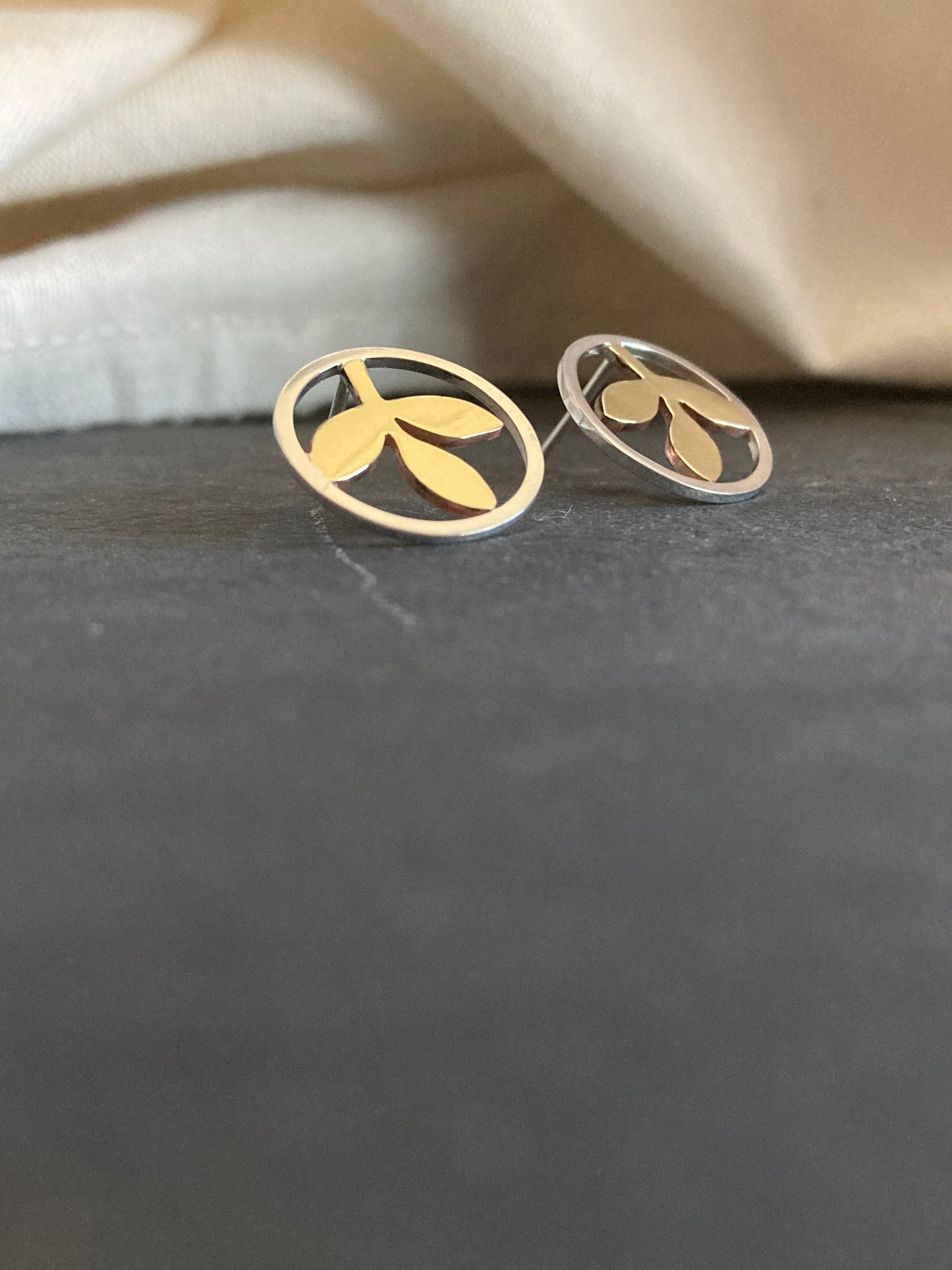 Sterling Silver Circle With Brass Leaves Stud Earrings