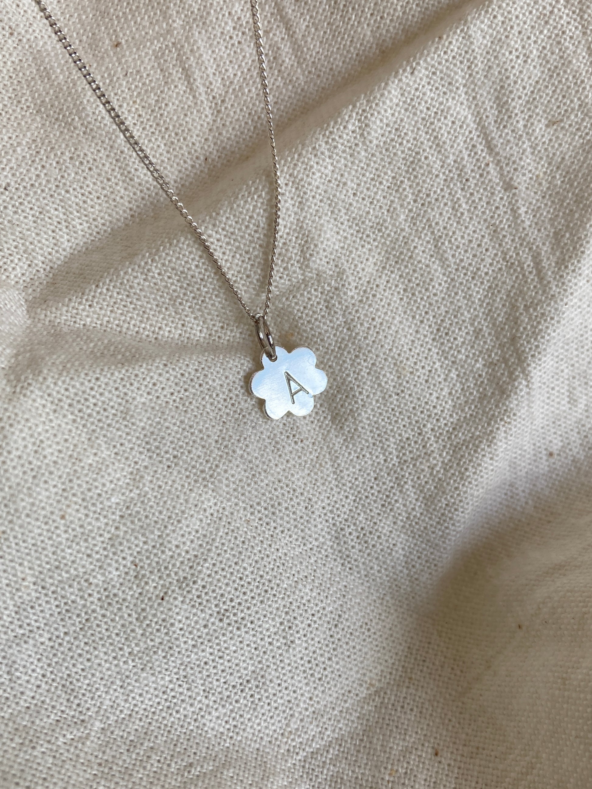 Sterling Silver Flower Initial Disc with hand stamped Initial on Sterling Silver Chain