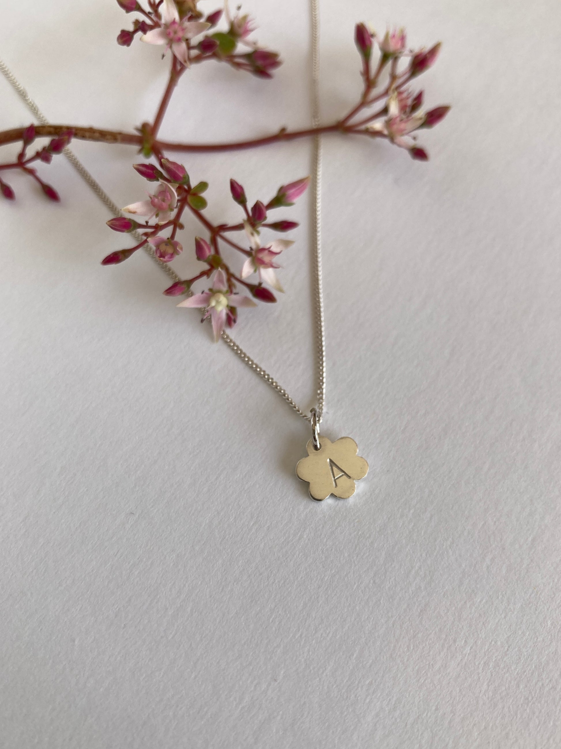 Sterling Silver Flower Initial Disc with hand stamped Initial on Sterling Silver Chain