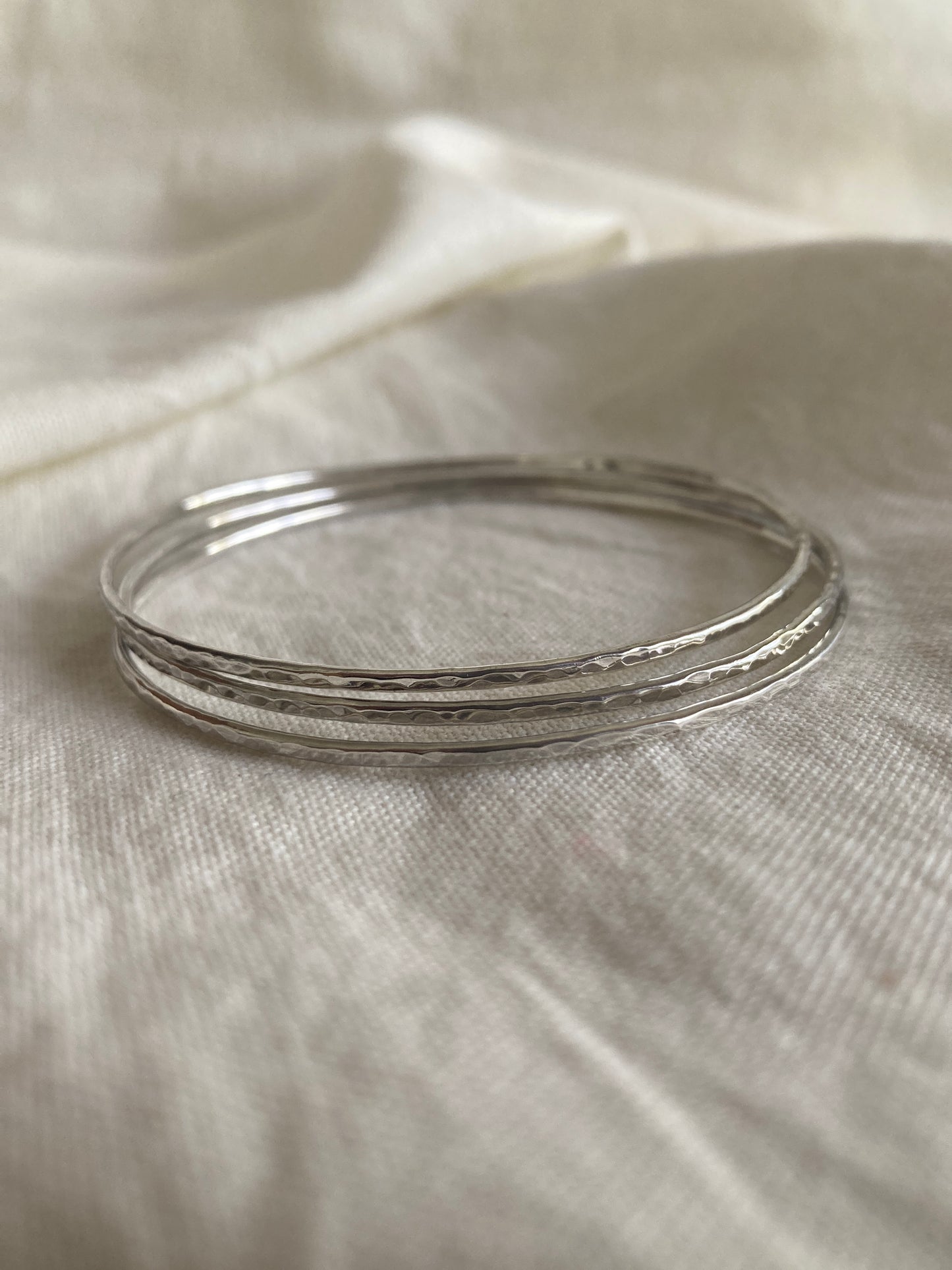 Sterling Silver Dainty Bangle with Hammered Texture