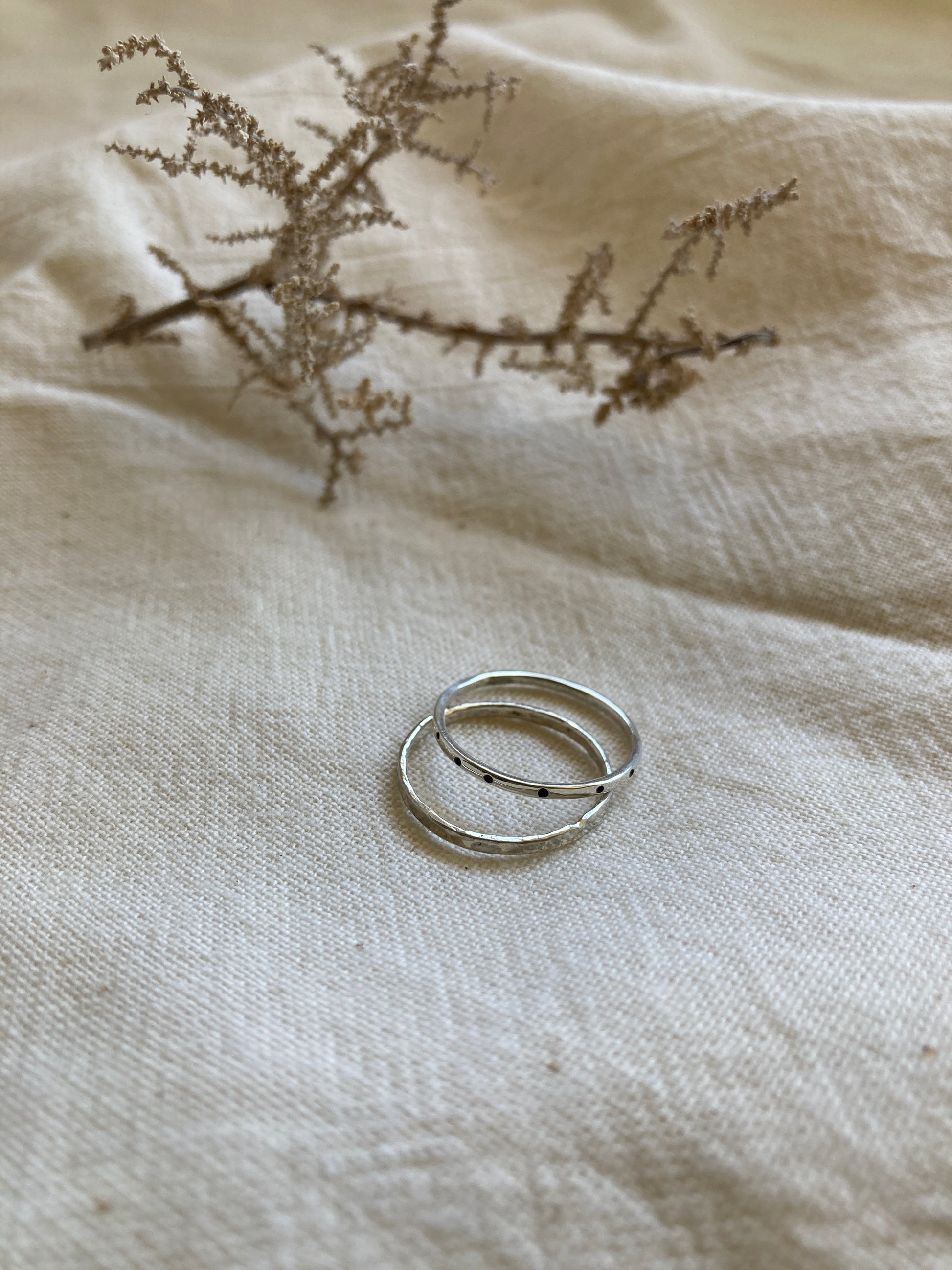 Sterling Silver Dainty Stacking Ring Set with one Dot & one Hammered design Rings