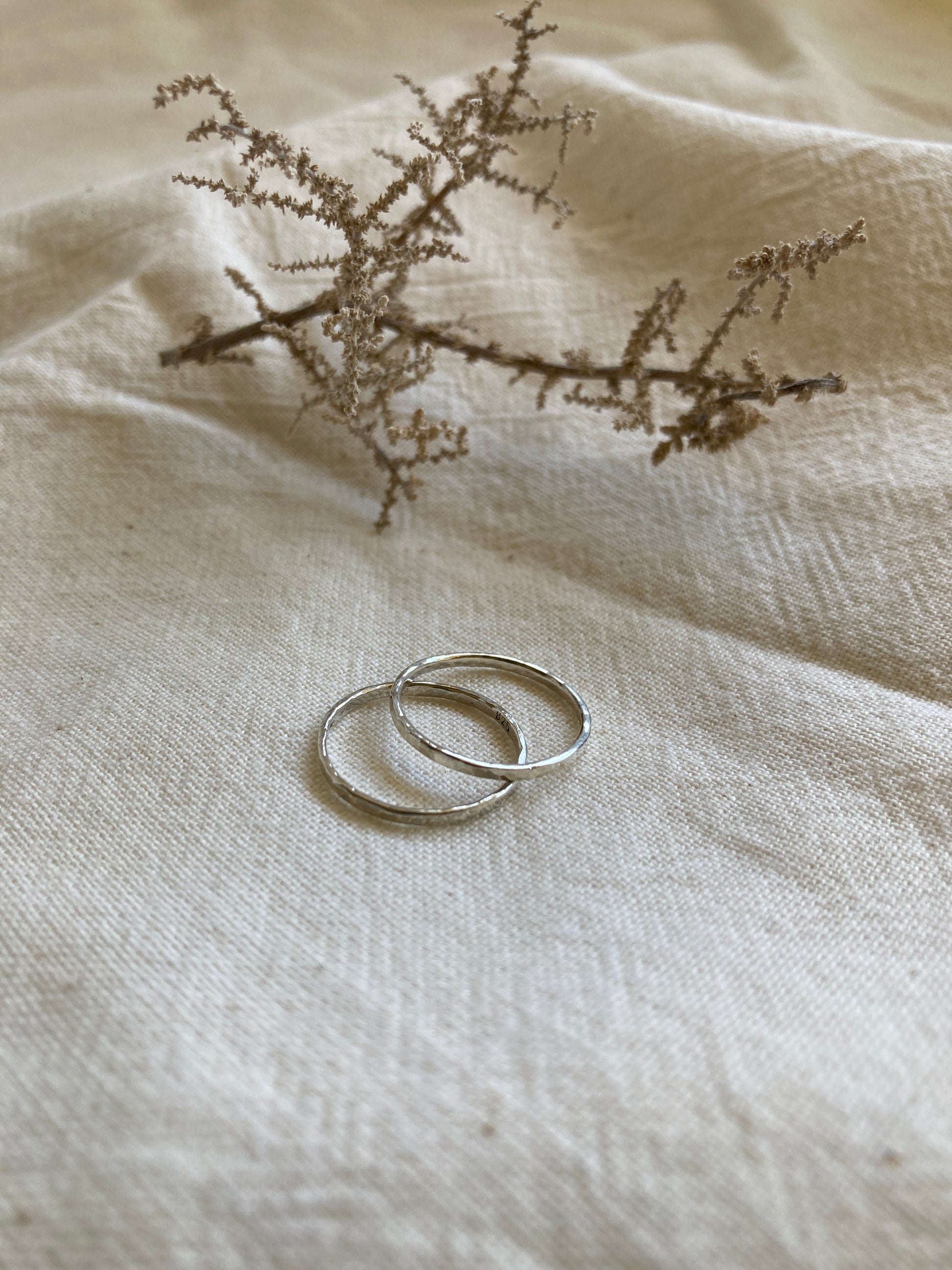 Sterling Silver Dainty Stacking Ring Set with two Hammered finish Rings
