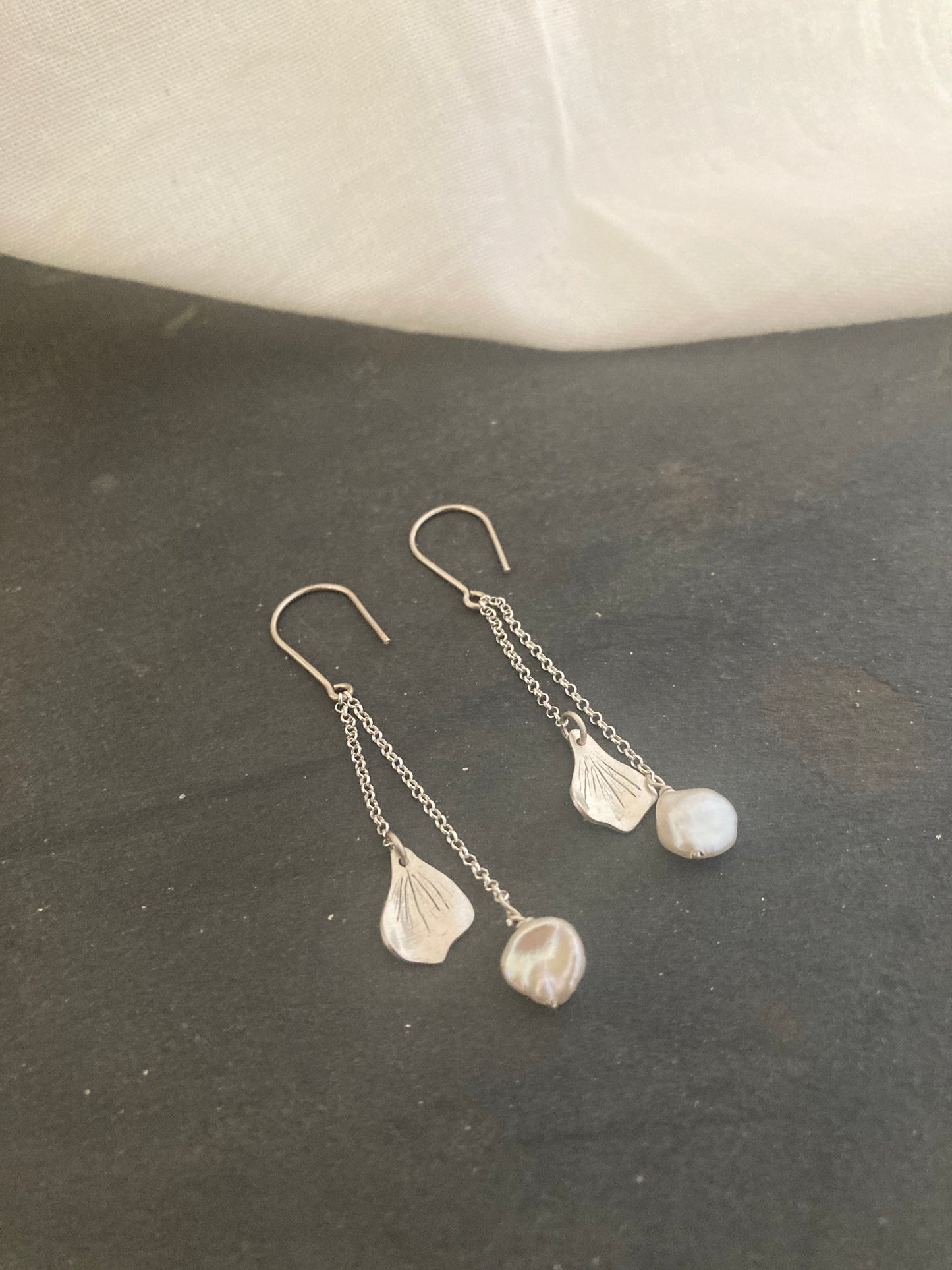 Sterling Silver Hydrangea Petal and Pearl Dangle Earrings