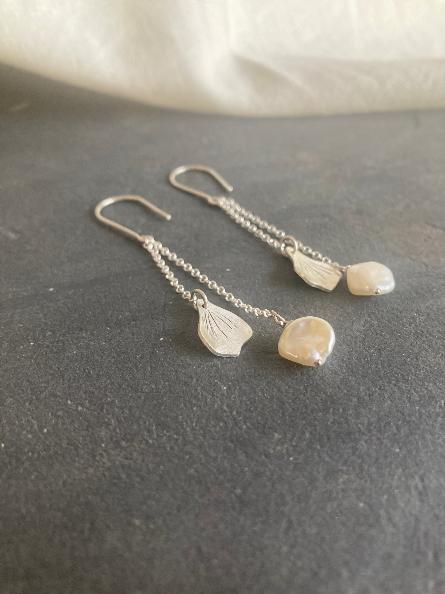 Sterling Silver Hydrangea Petal and Pearl Dangle Earrings