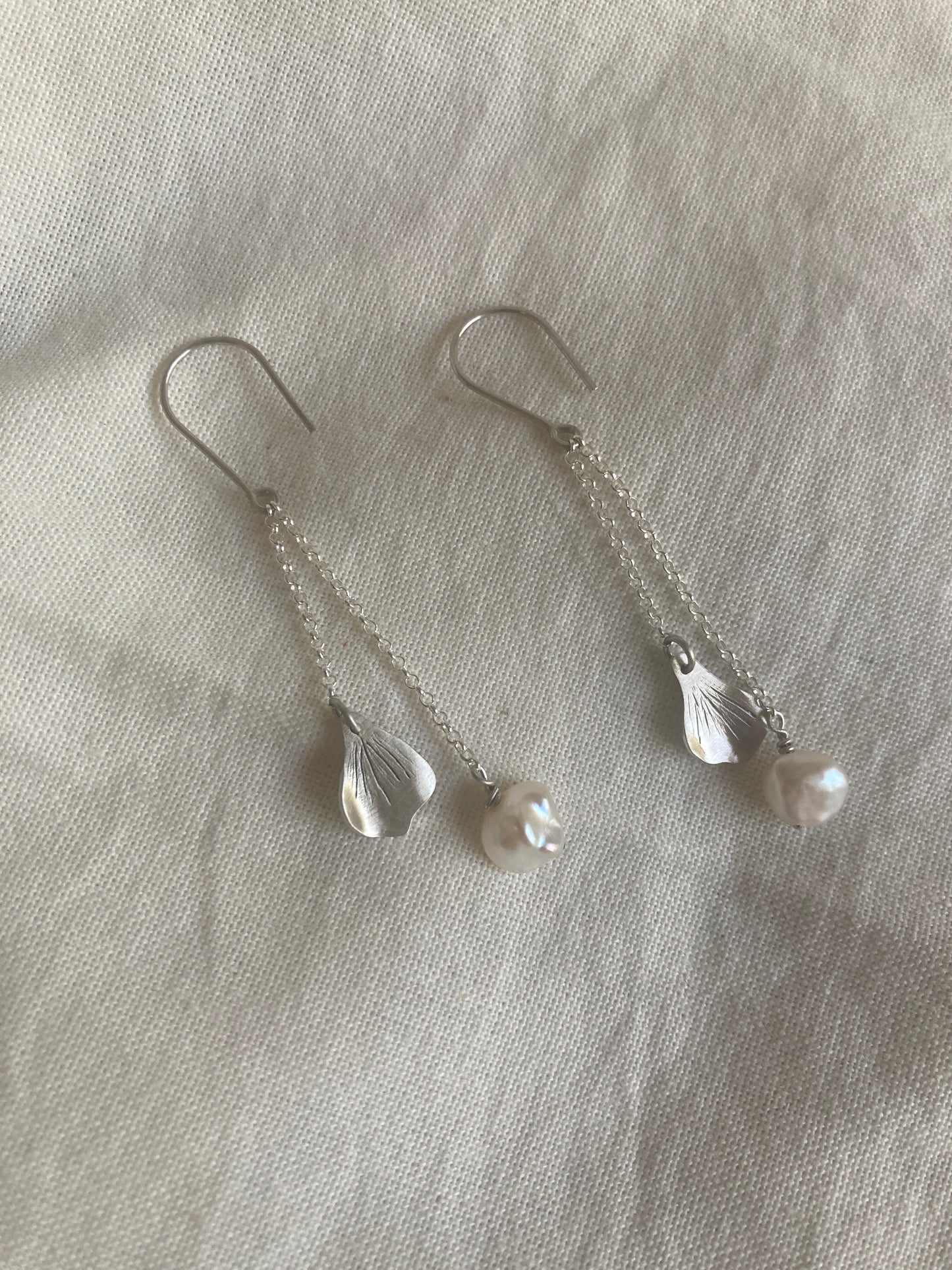 Sterling Silver Hydrangea Petal and Pearl Dangle Earrings