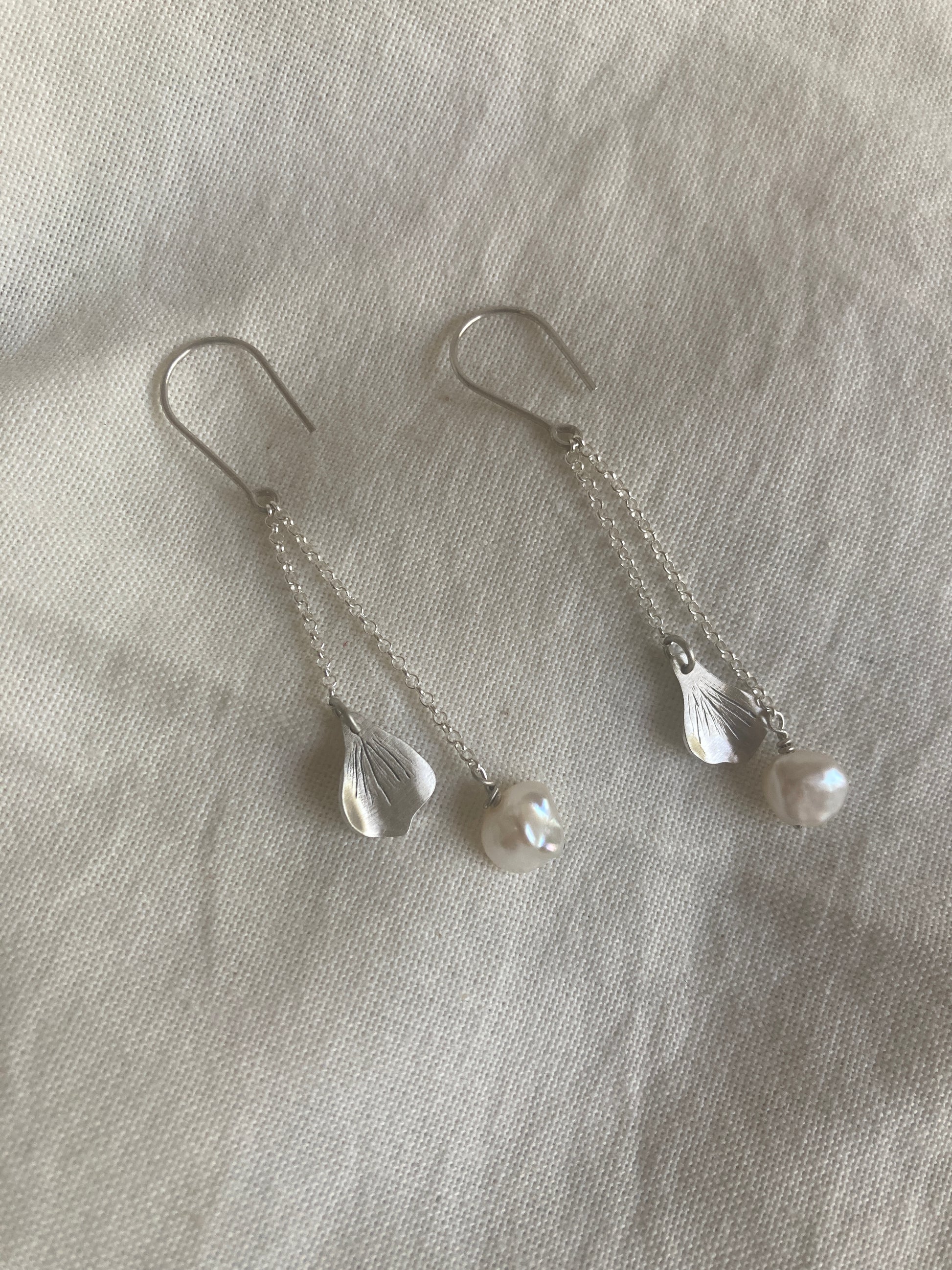 Sterling Silver Hydrangea Petal and Pearl Dangle Earrings
