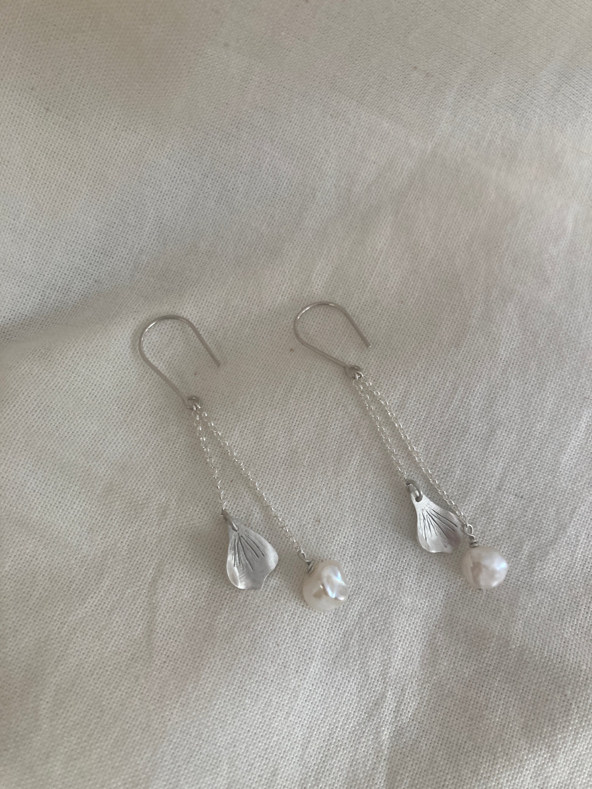 Sterling Silver Hydrangea Petal and Pearl Dangle Earrings
