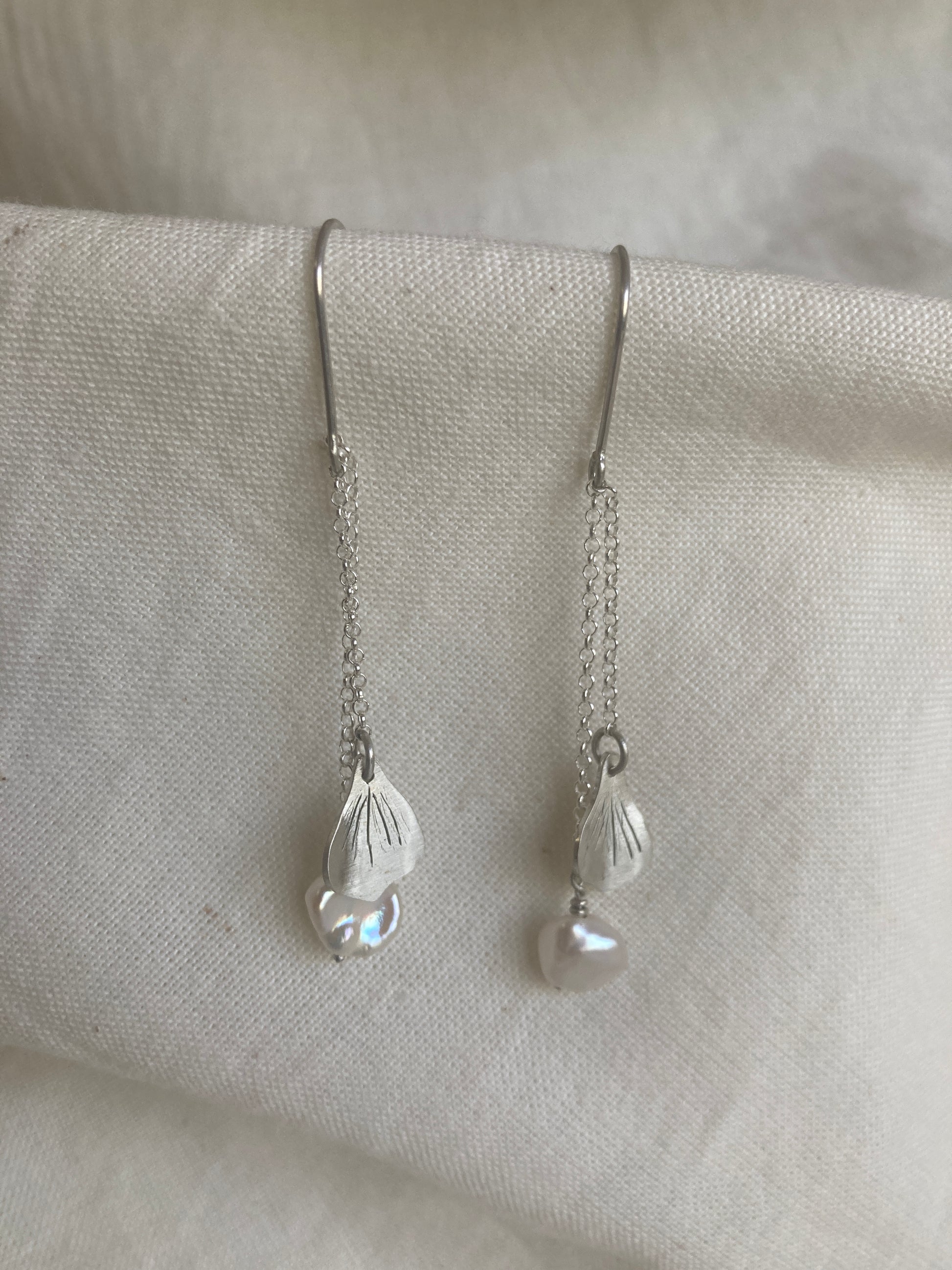 Sterling Silver Hydrangea Petal and Pearl Dangle Earrings