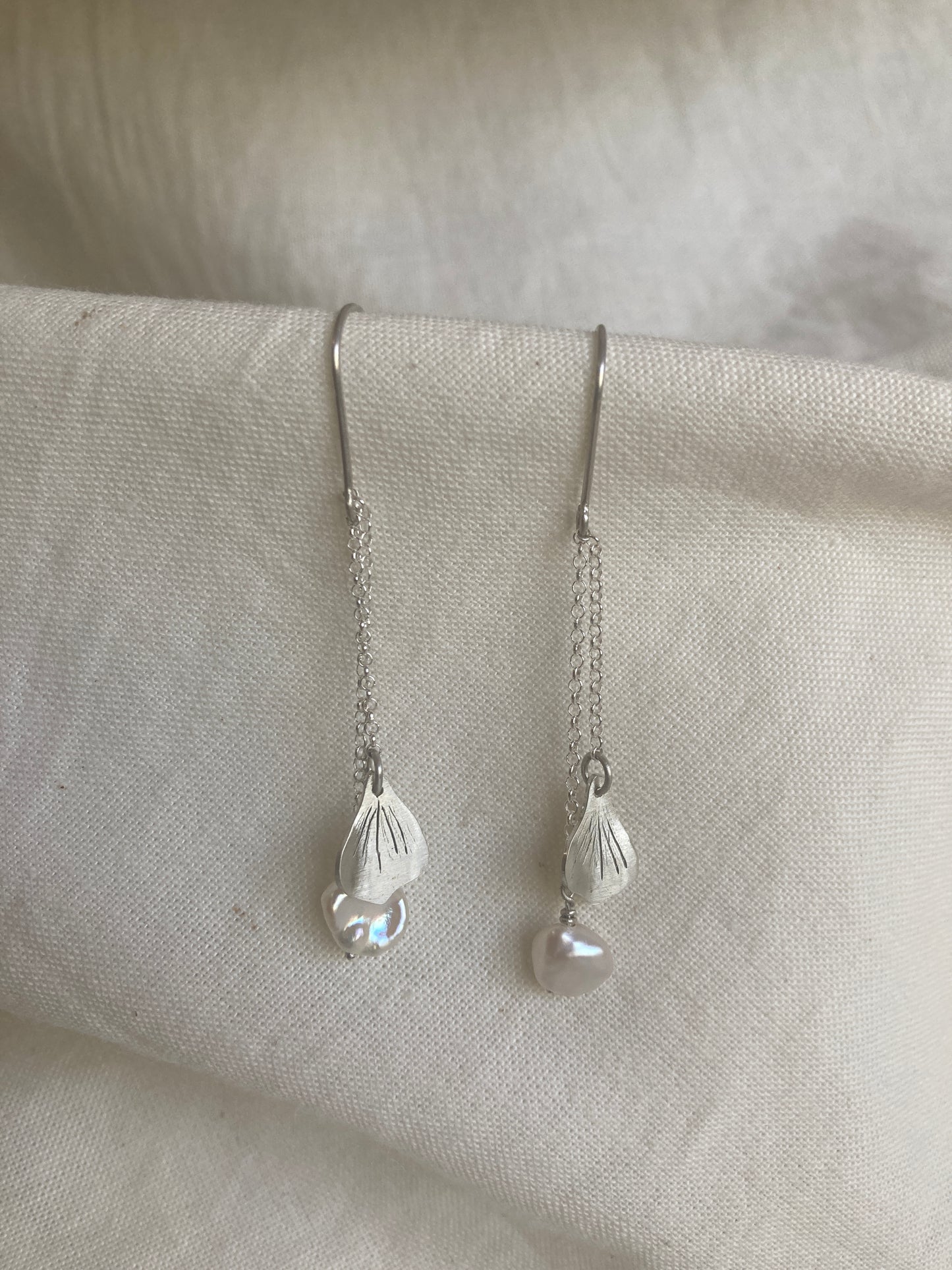 Sterling Silver Hydrangea Petal and Pearl Dangle Earrings