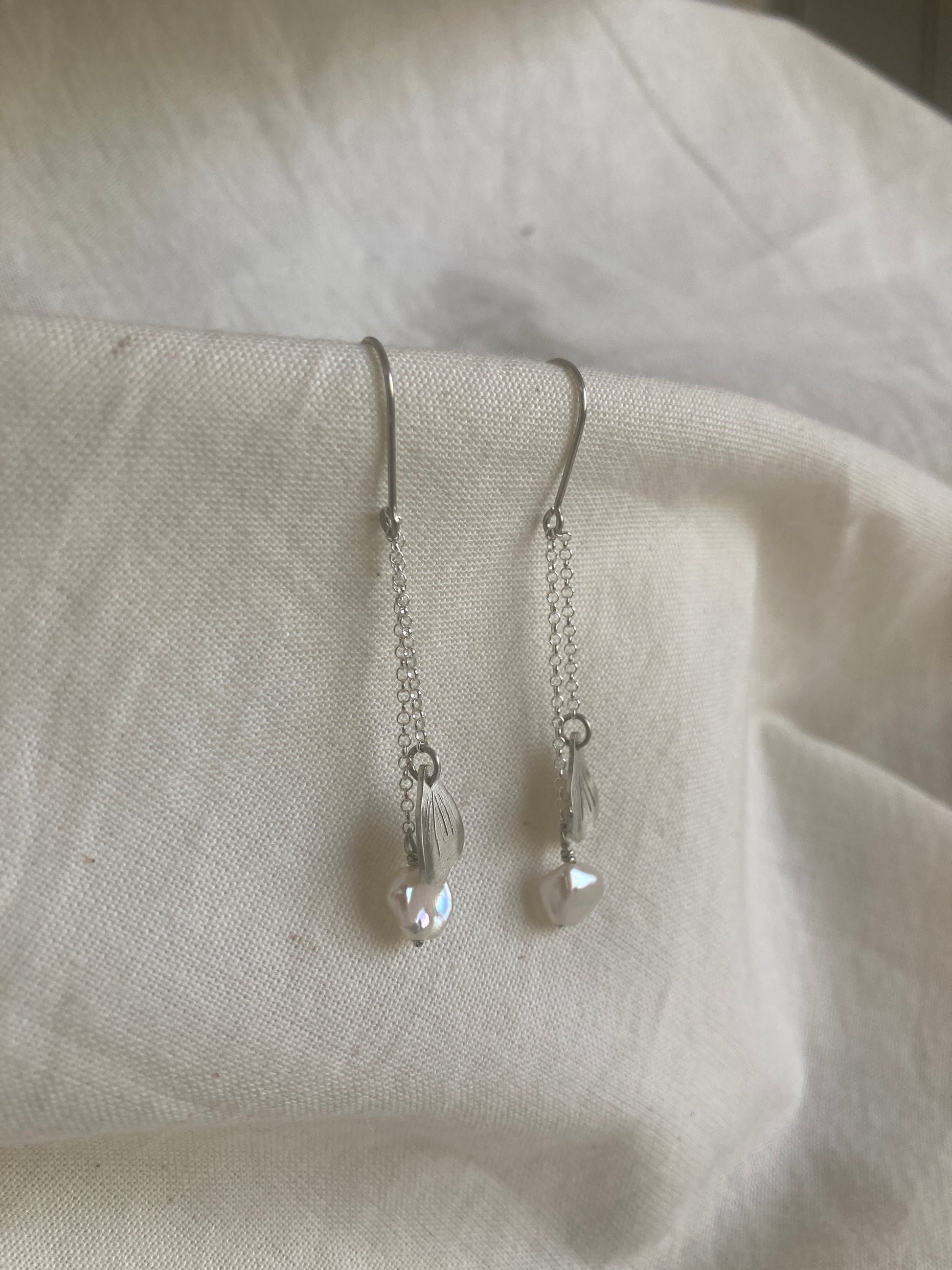 Sterling Silver Hydrangea Petal and Pearl Dangle Earrings