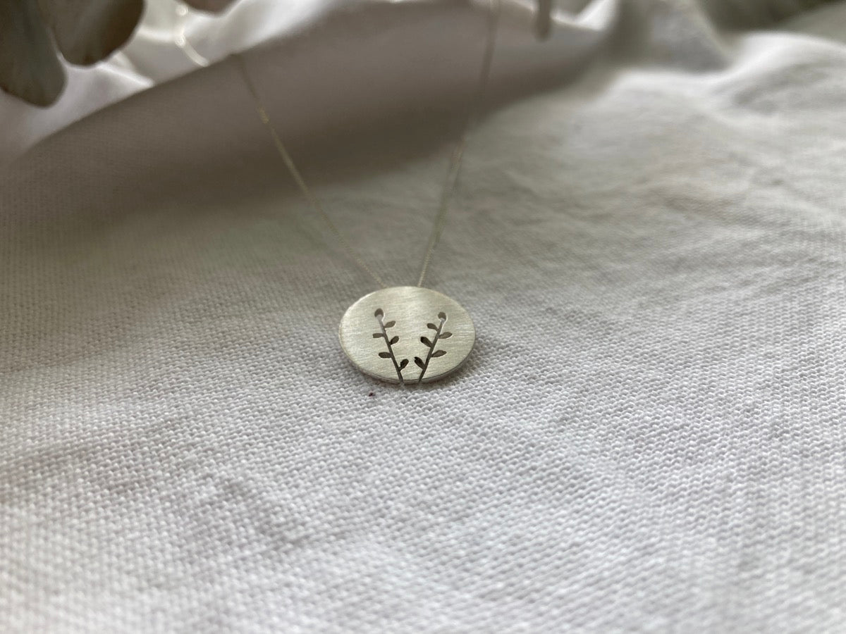 Sterling Silver Disc Pendant with Spekboom inspired cut out design on Sterling Silver Chain