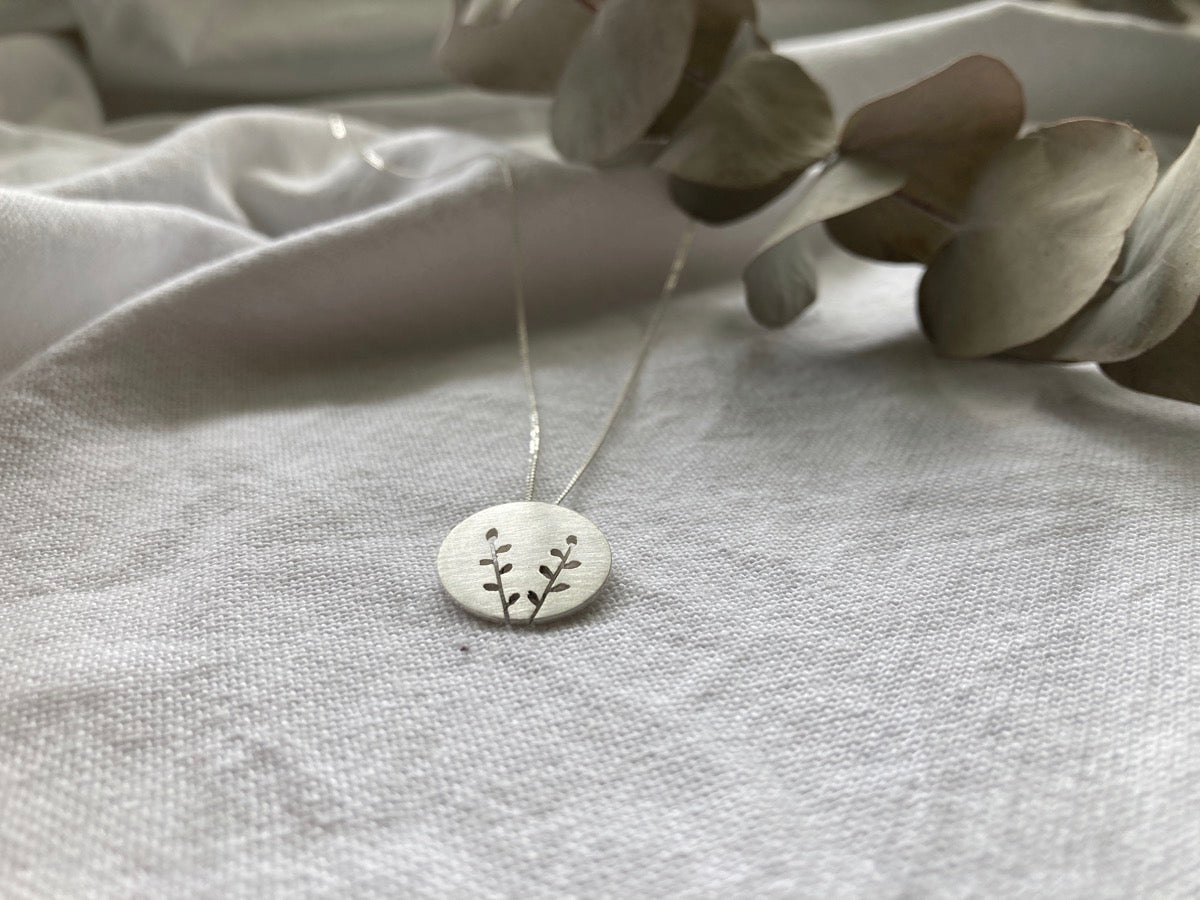 Sterling Silver Disc Pendant with Spekboom inspired cut out design on Sterling Silver Chain