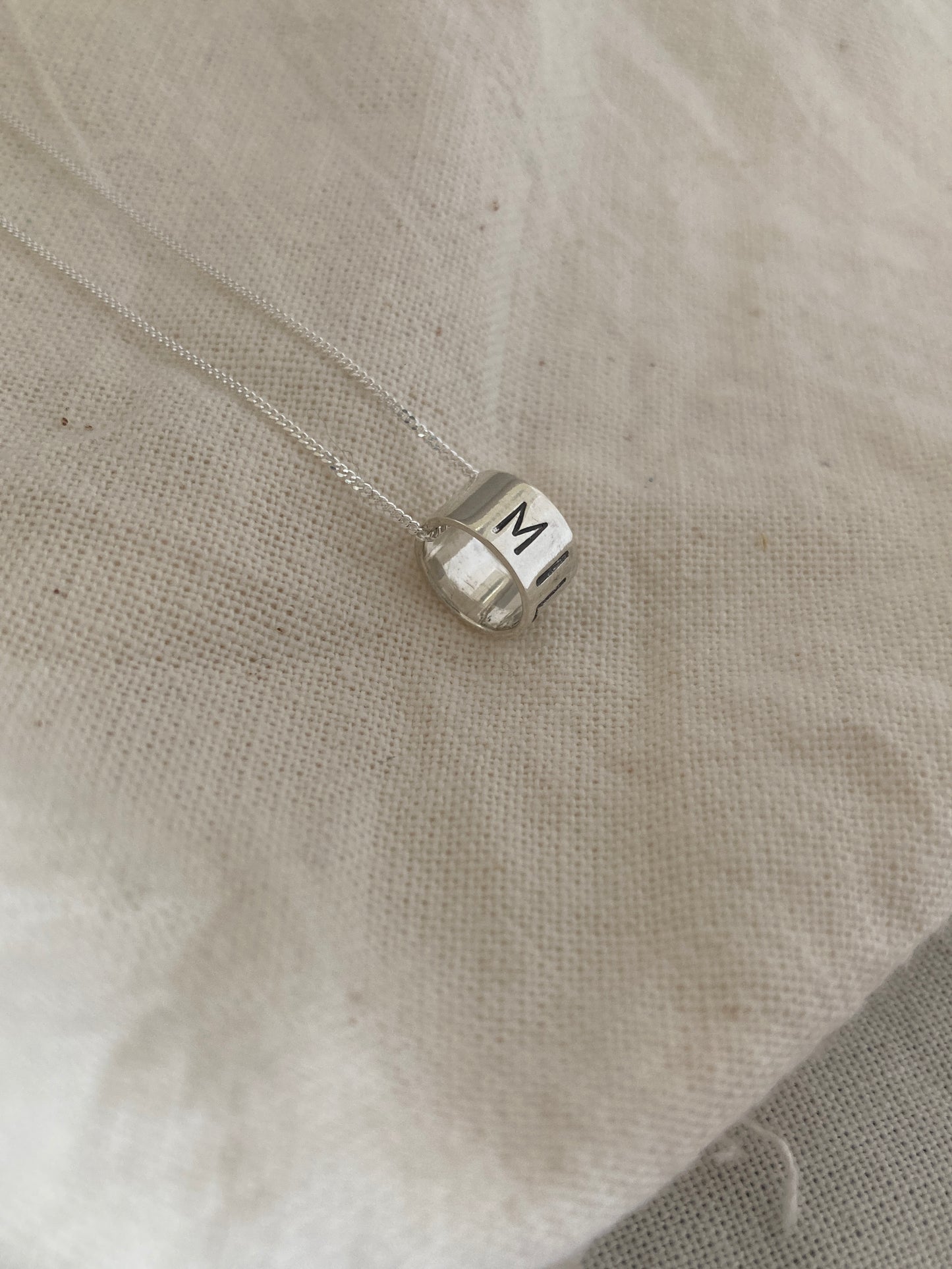 Sterling Silver Ring Pendant with Hand Stamped Name on Silver Chain